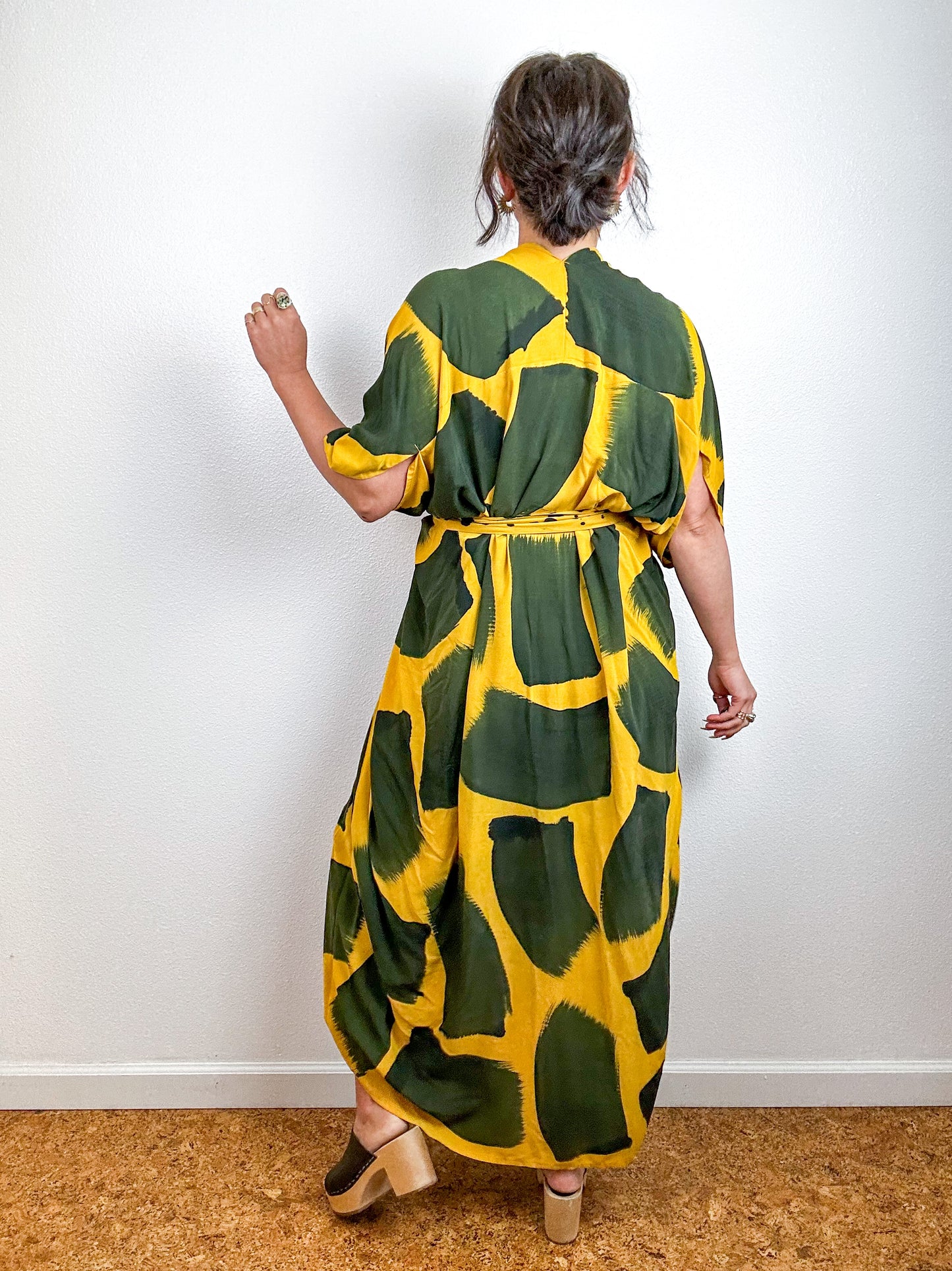 Hand-Dyed High Low Kimono Marigold Black Brush