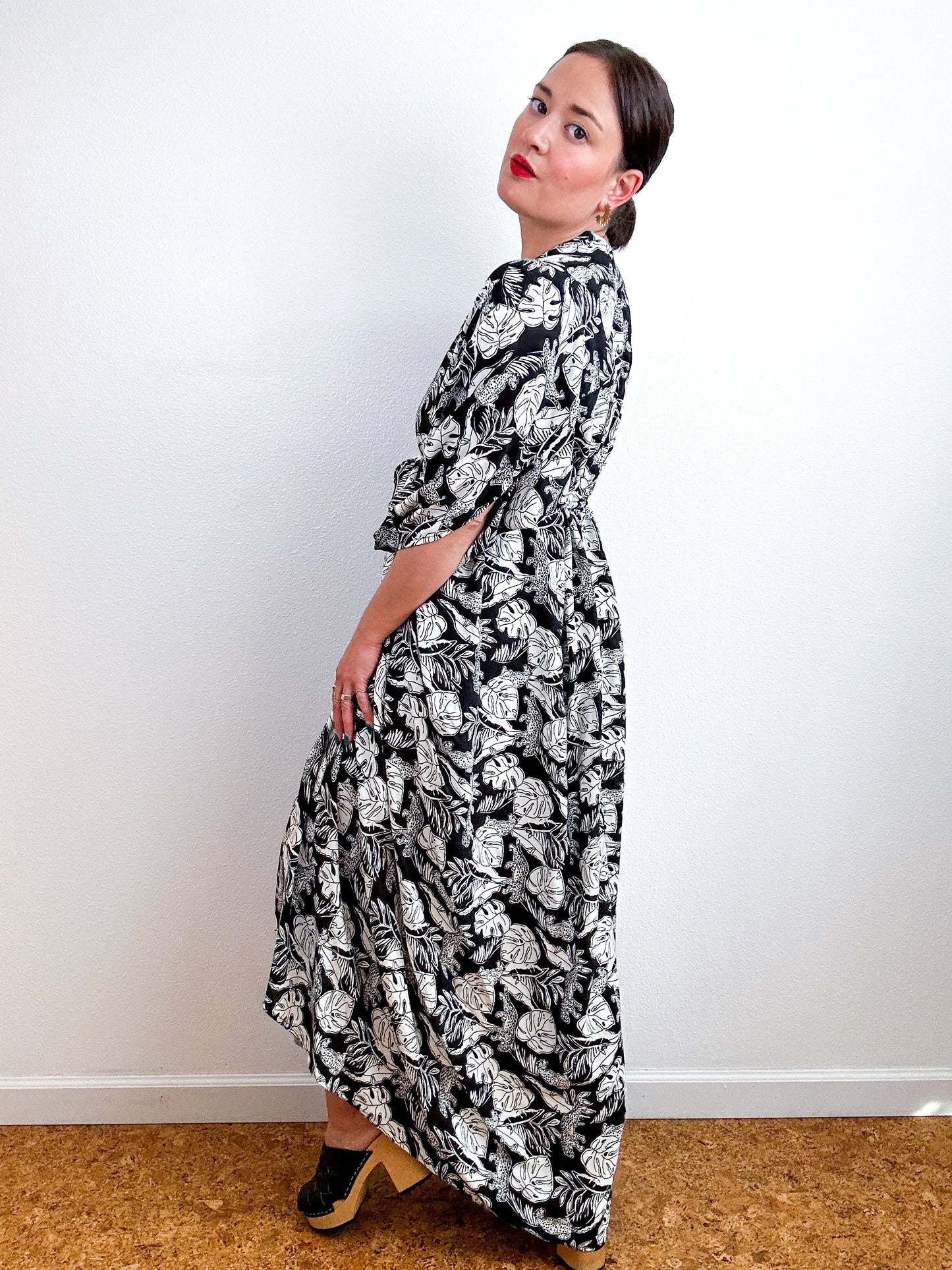 Print High Low Kimono Black White Cheetah Leaves Challis