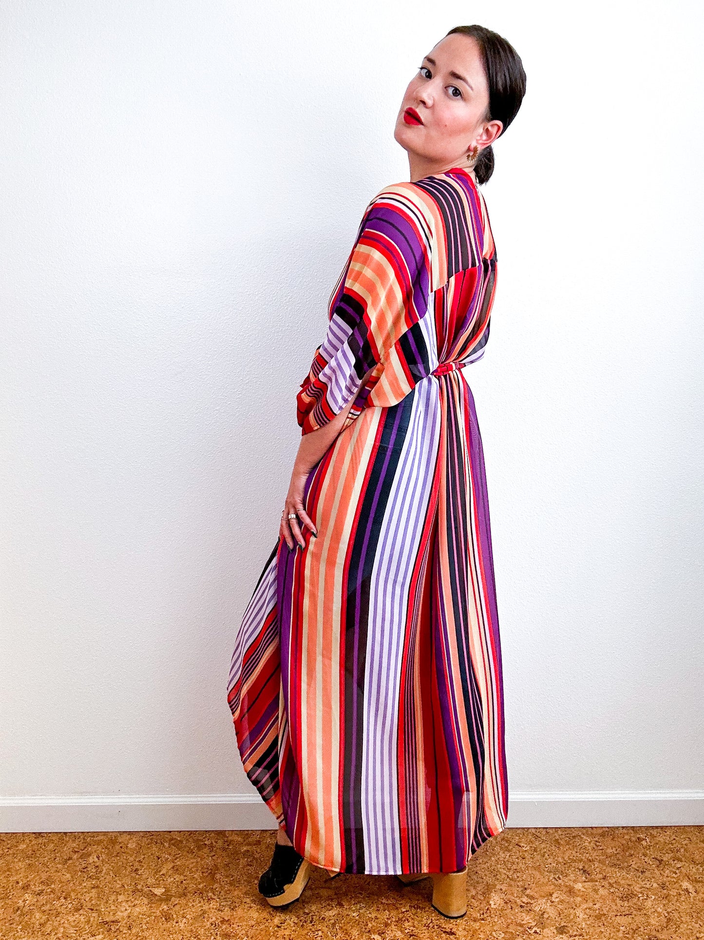 Print High Low Kimono Red Lavender Stripe Chiffon