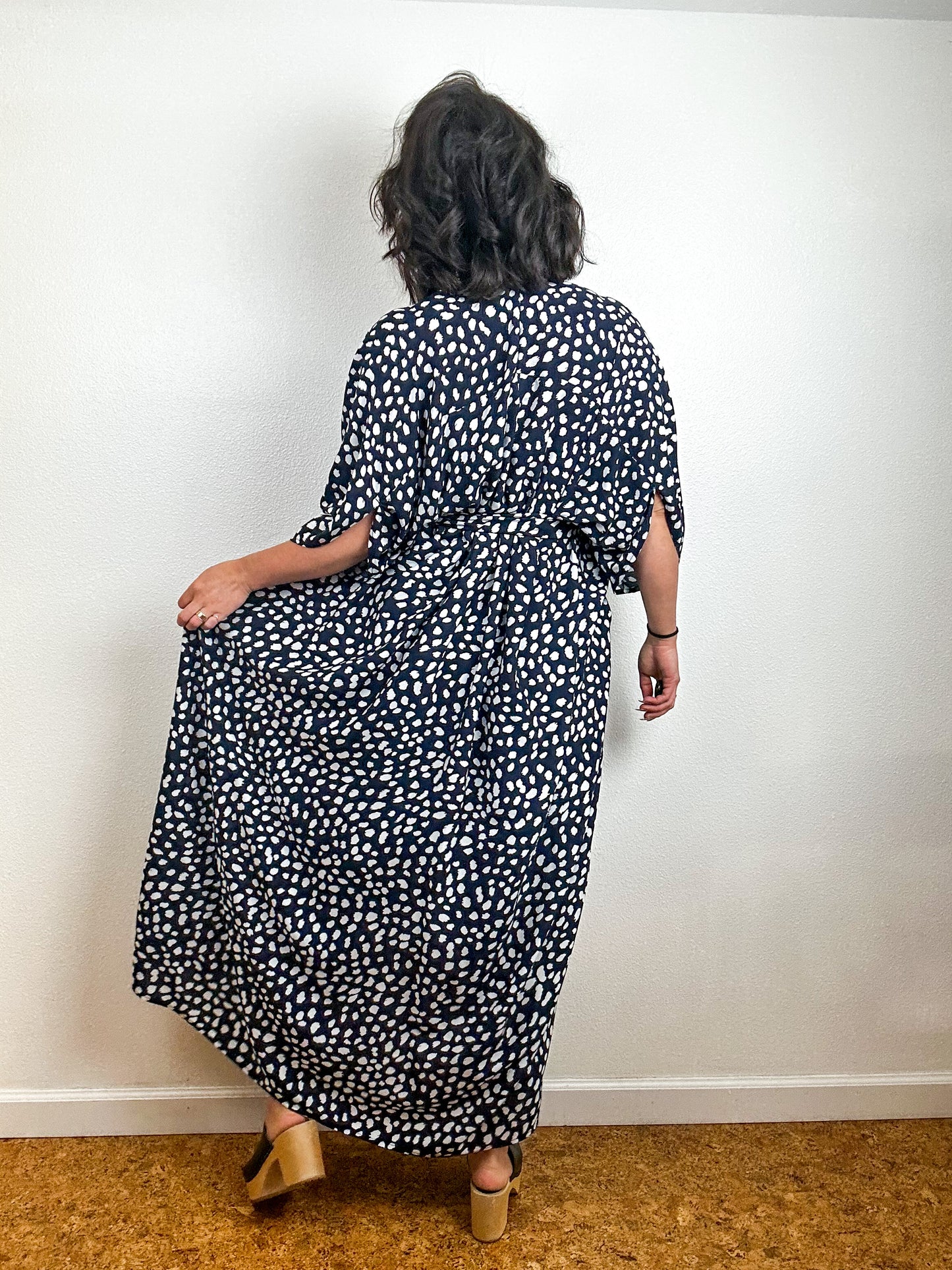 Print High Low Kimono Navy Speckle Challis