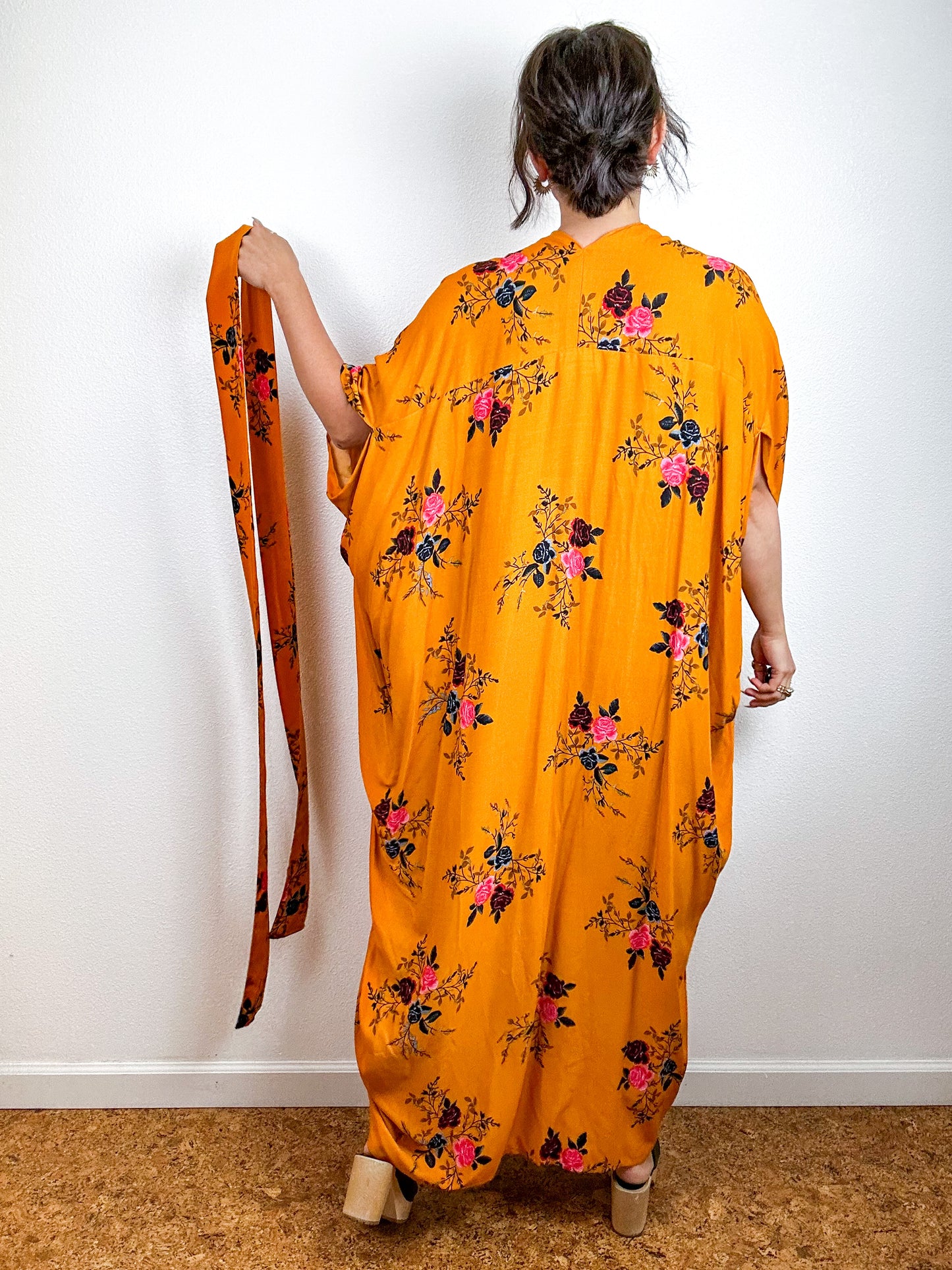 Print High Low Kimono Marigold Floral Challis