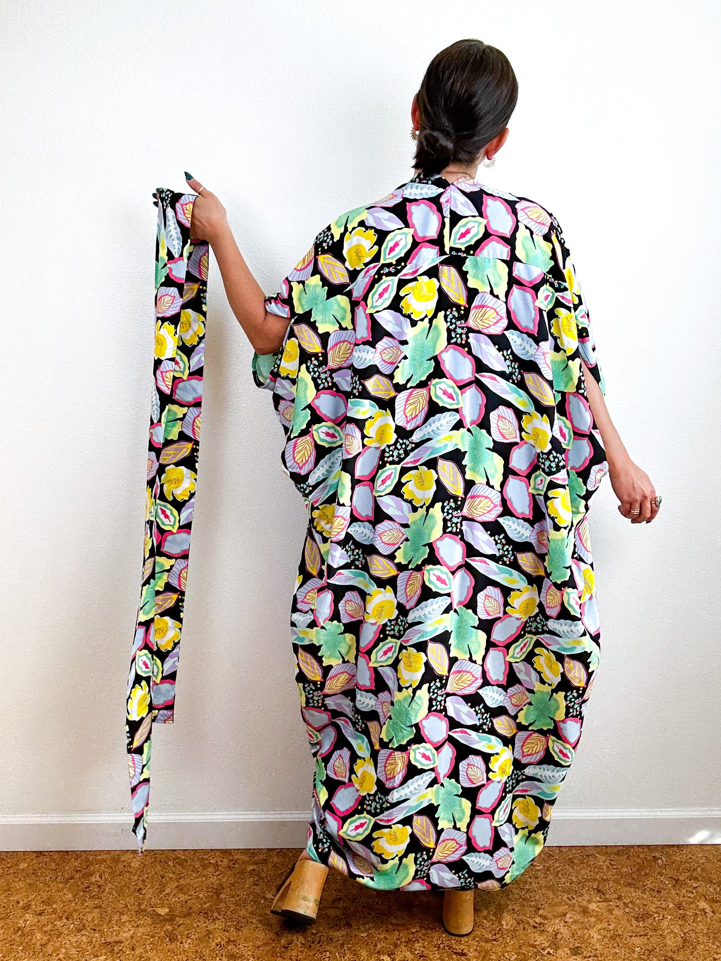 Print High Low Kimono Black Pastel Leaves Challis