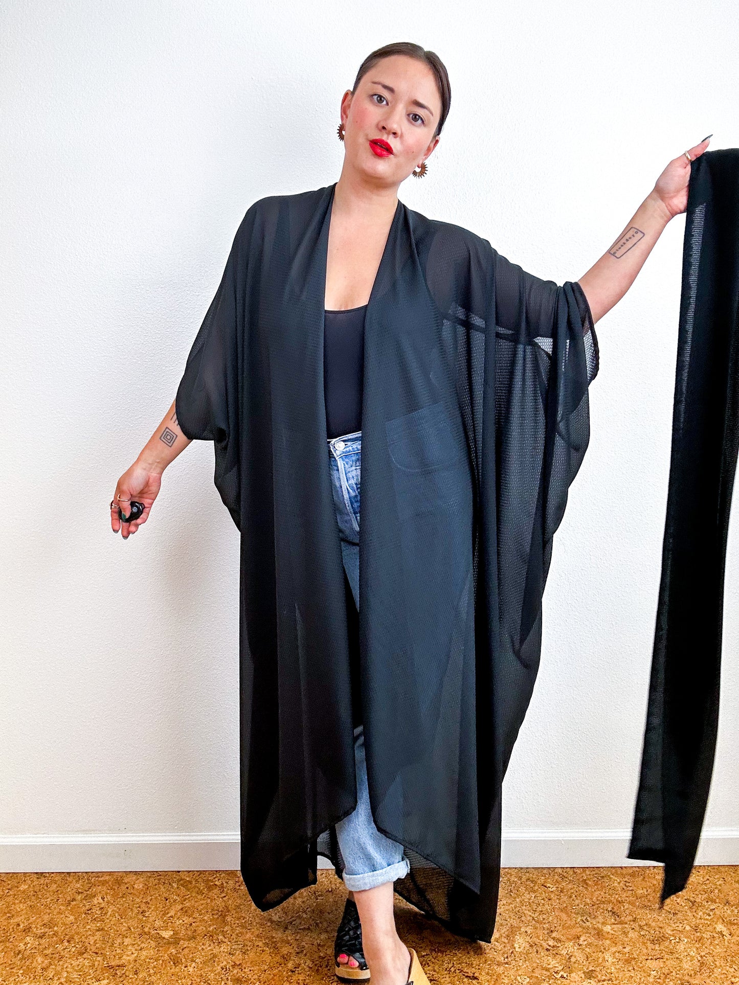 Solid High Low Kimono Black Mini Grid Chiffon