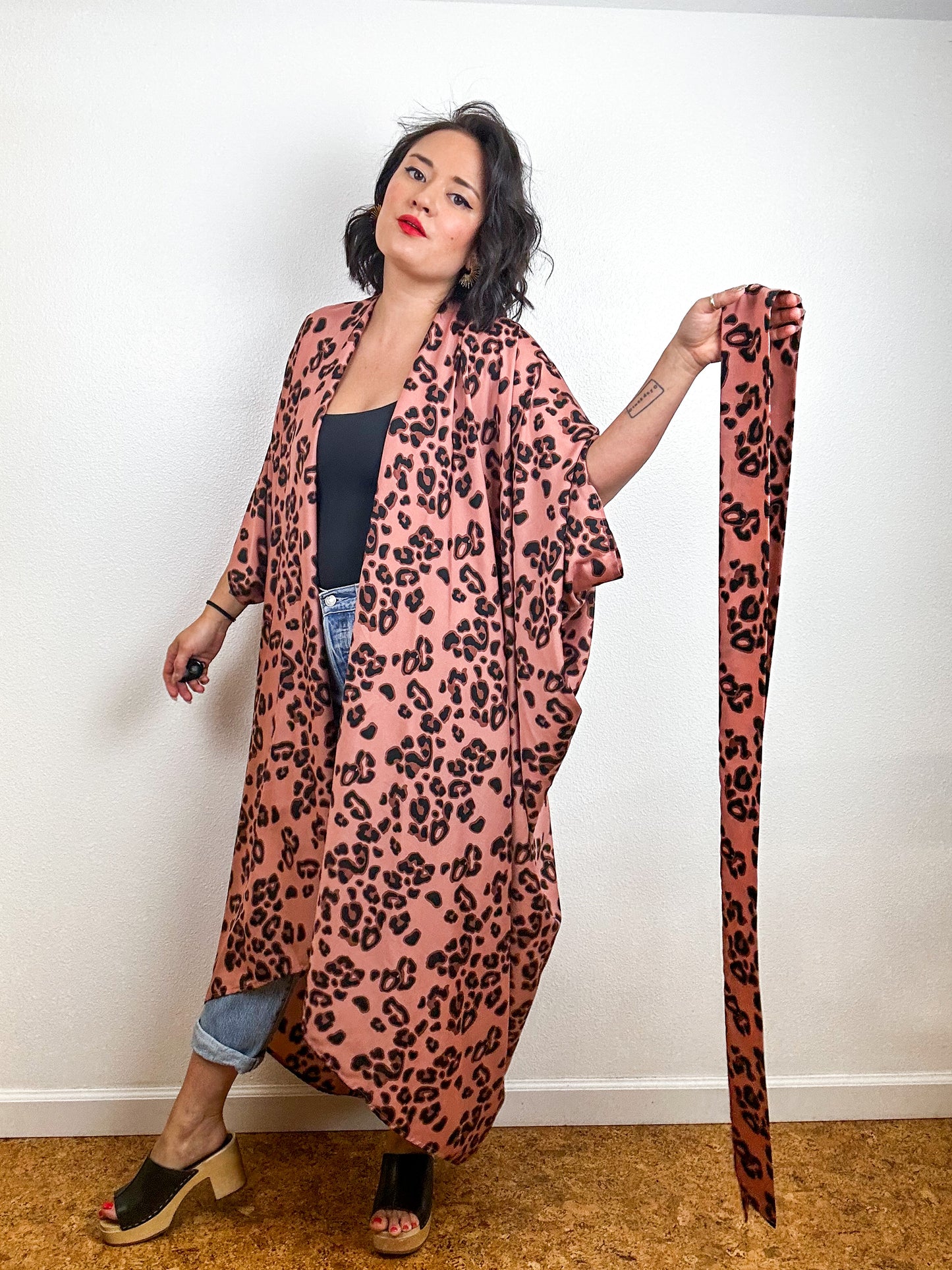 Print High Low Kimono Rose Leopard Crepe de Chine