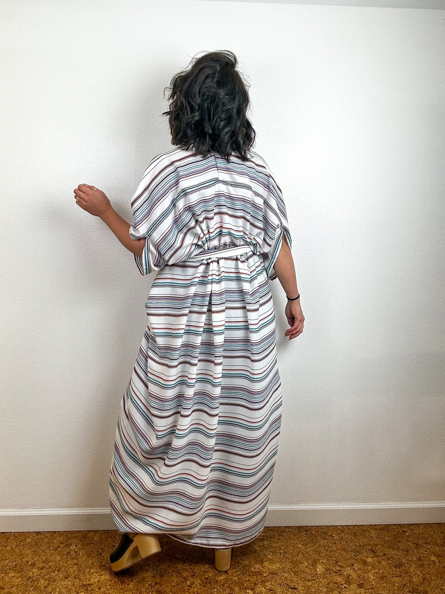 Print High Low Kimono Ivory Stripe Challis