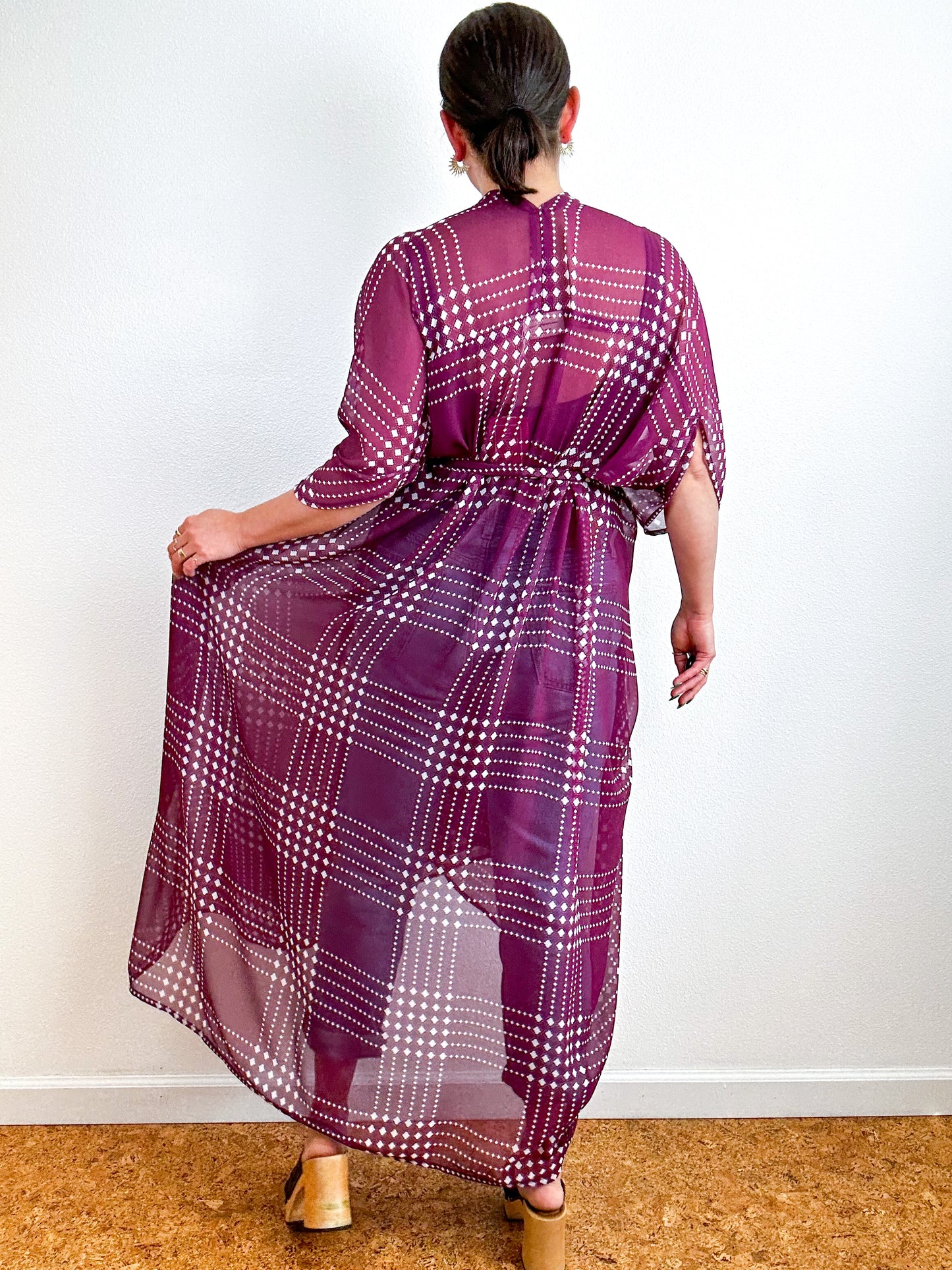 Print High Low Kimono Maroon Grid Chiffon