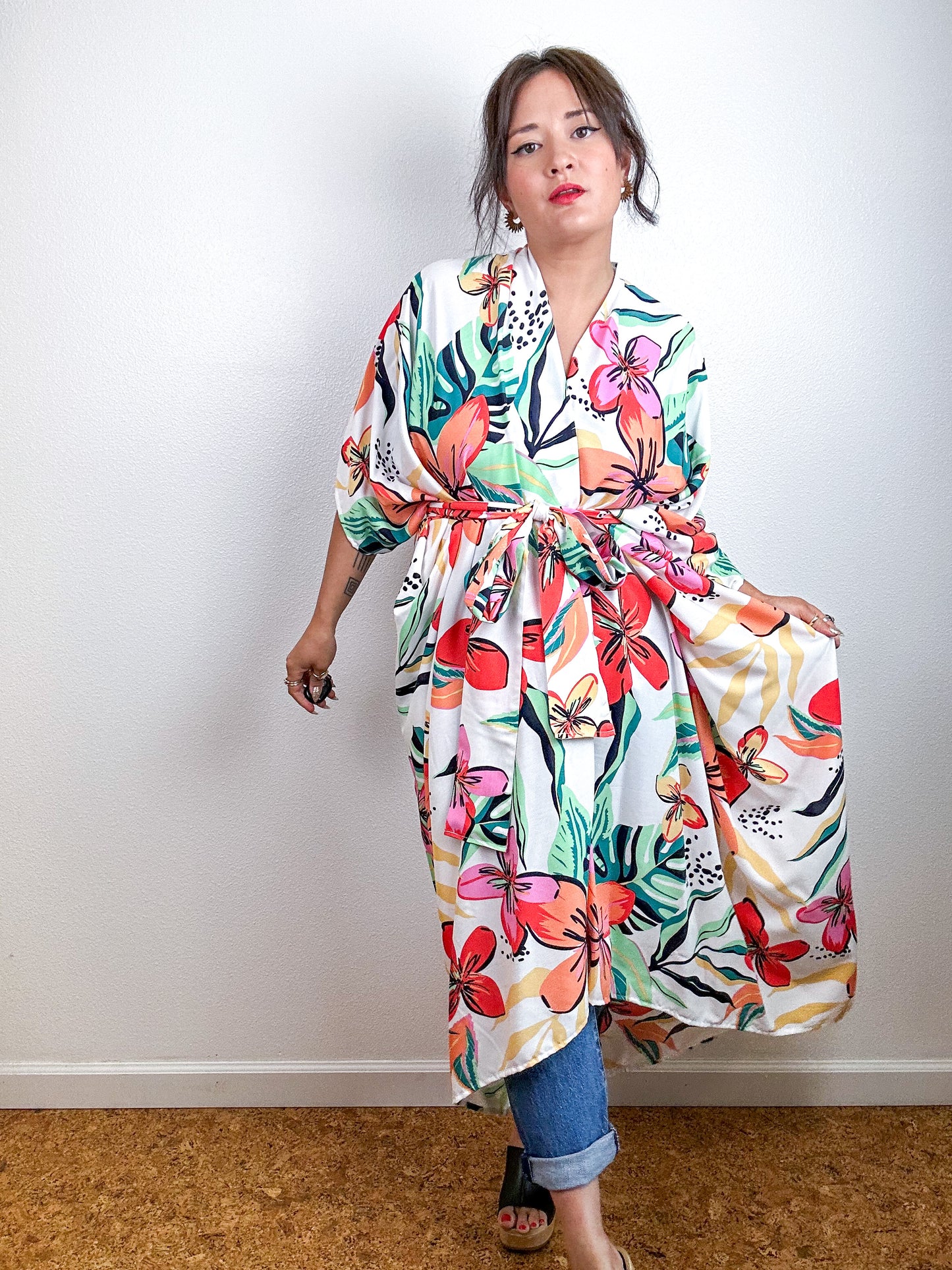 Print High Low Kimono White Tropical Floral Challis