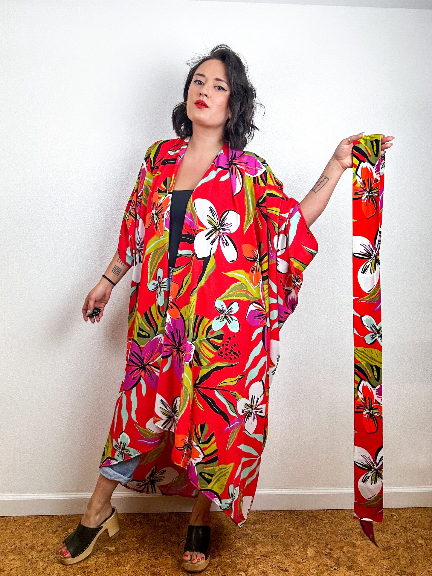 Print High Low Kimono Red Tropical Challis