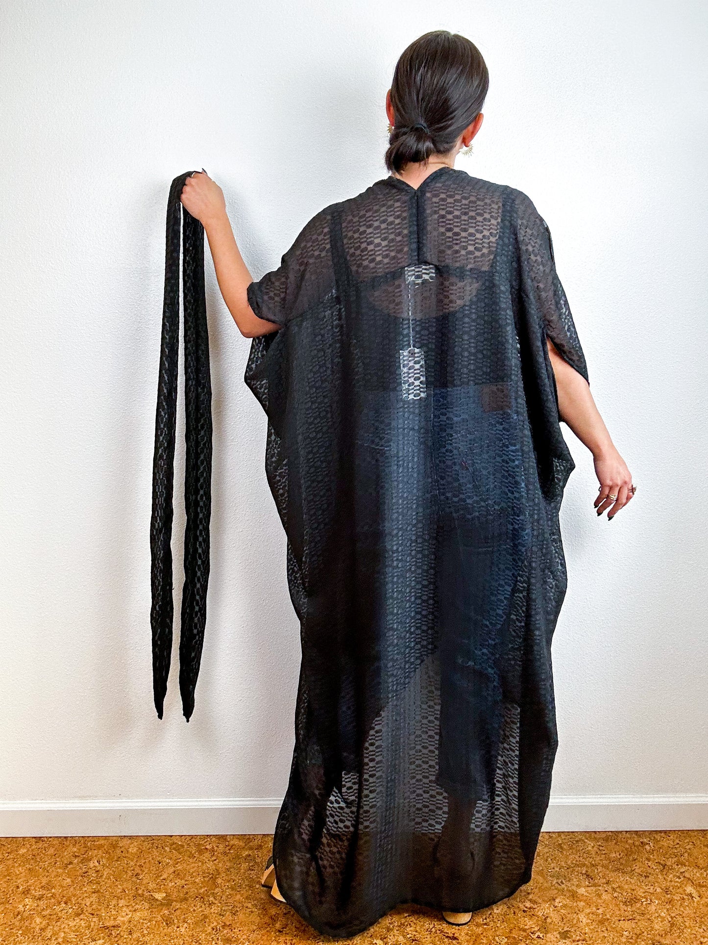 Solid High Low Kimono Black Ovals Chiffon
