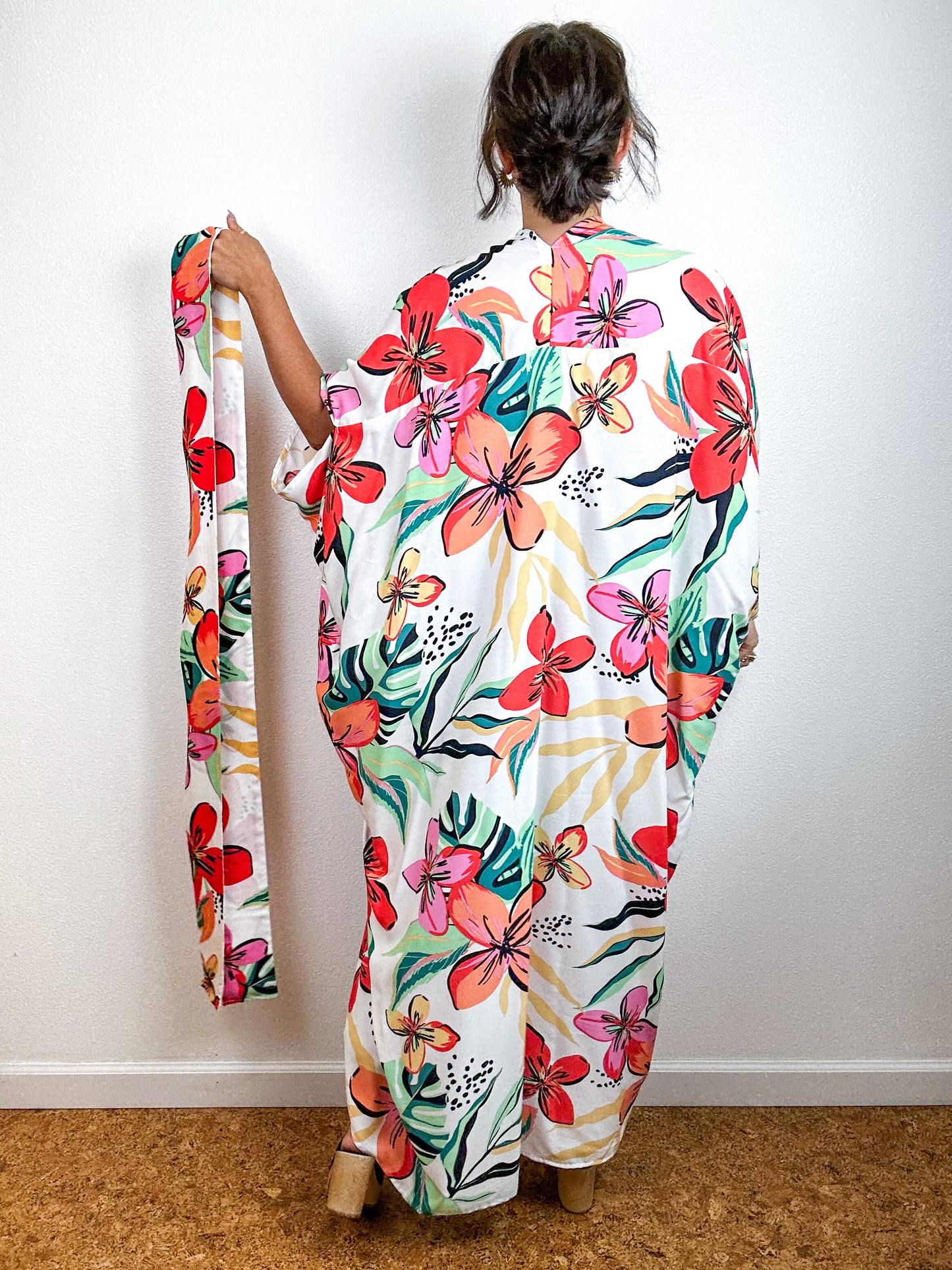 Print High Low Kimono White Tropical Floral Challis