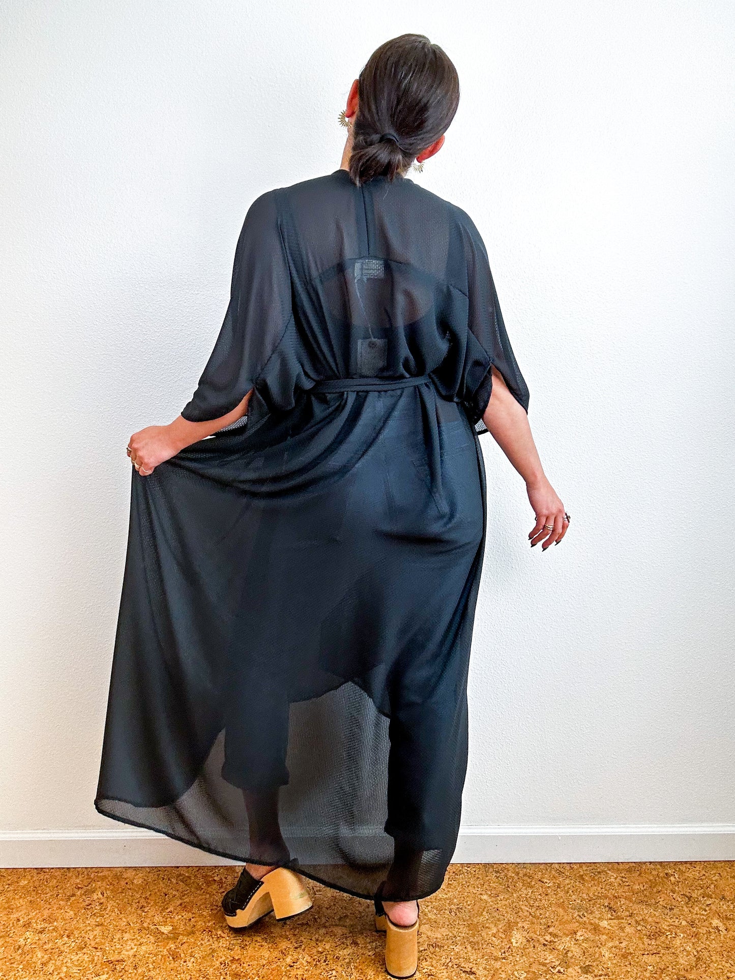 Solid High Low Kimono Black Mini Grid Chiffon