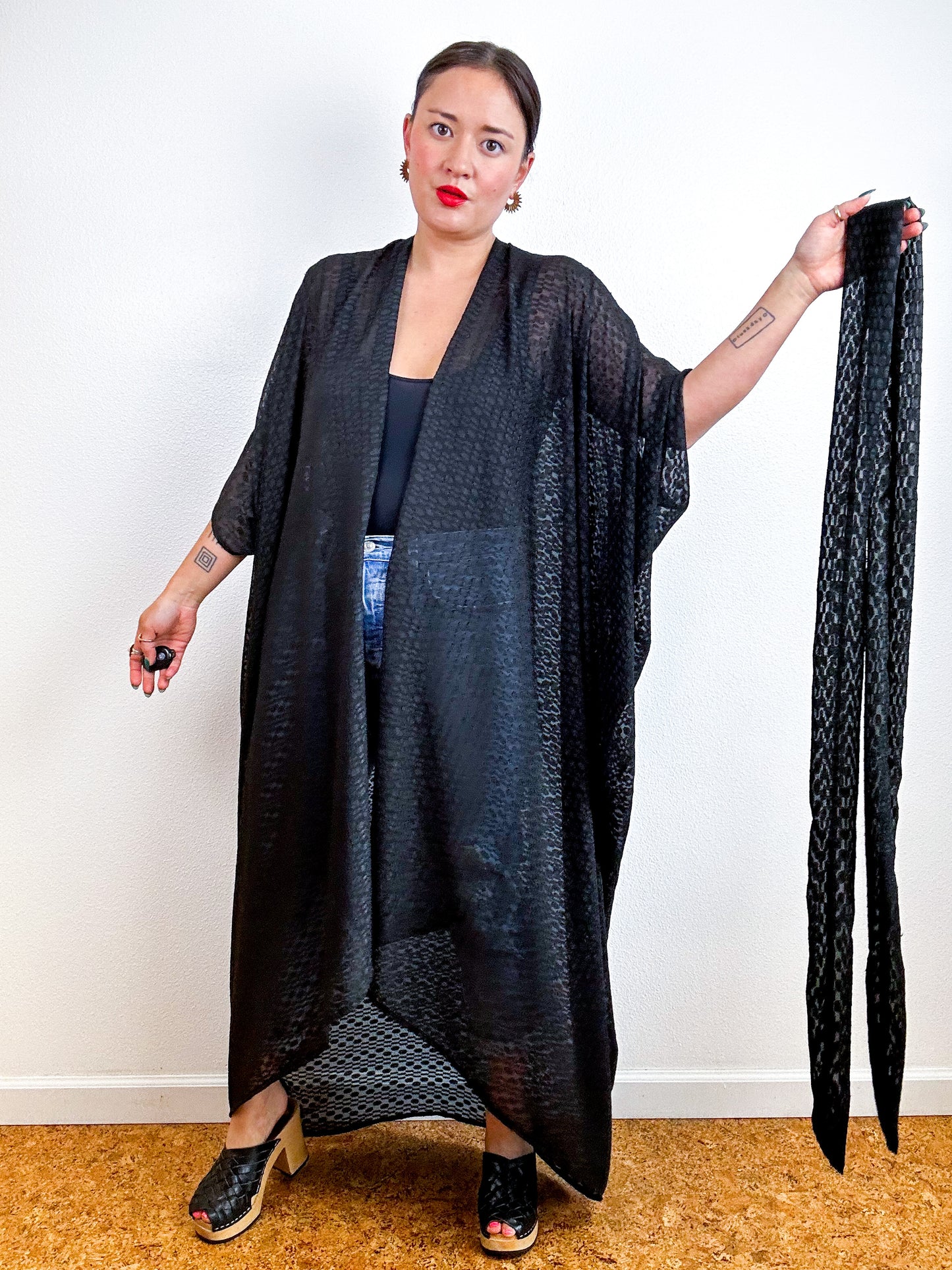 Solid High Low Kimono Black Ovals Chiffon