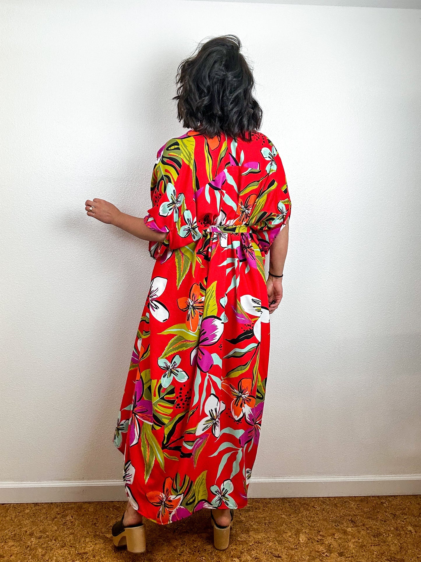 Print High Low Kimono Red Tropical Challis