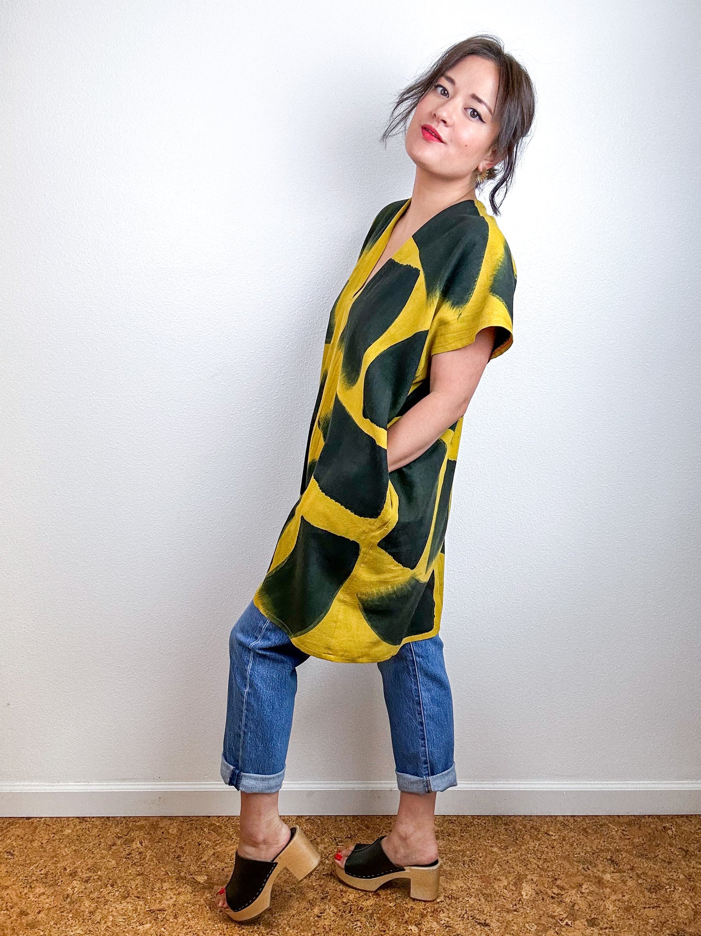 Hand-Dyed Mini Smock Dress Marigold Black Brush