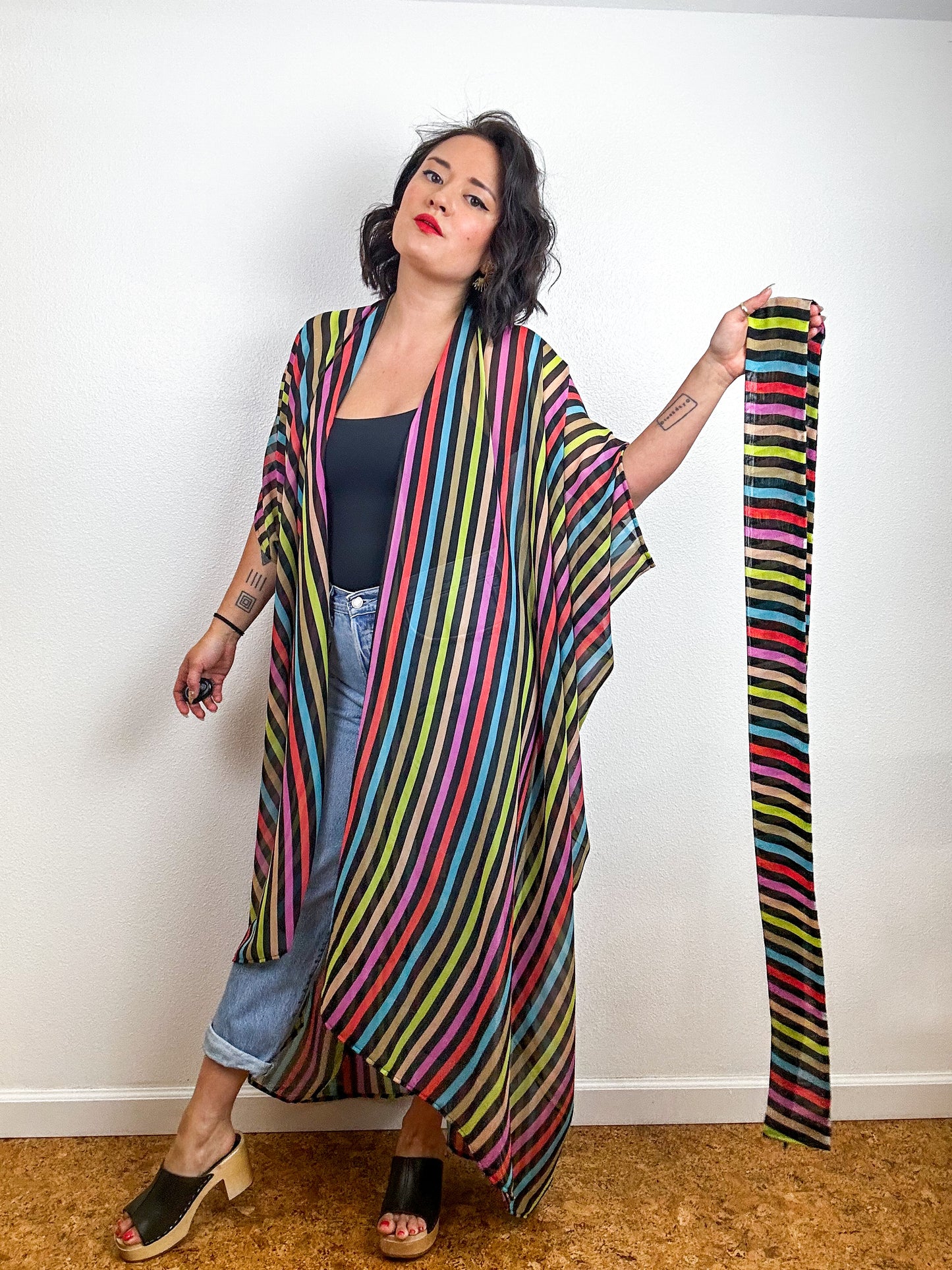 Print High Low Kimono Rainbow Stripe 2 Chiffon