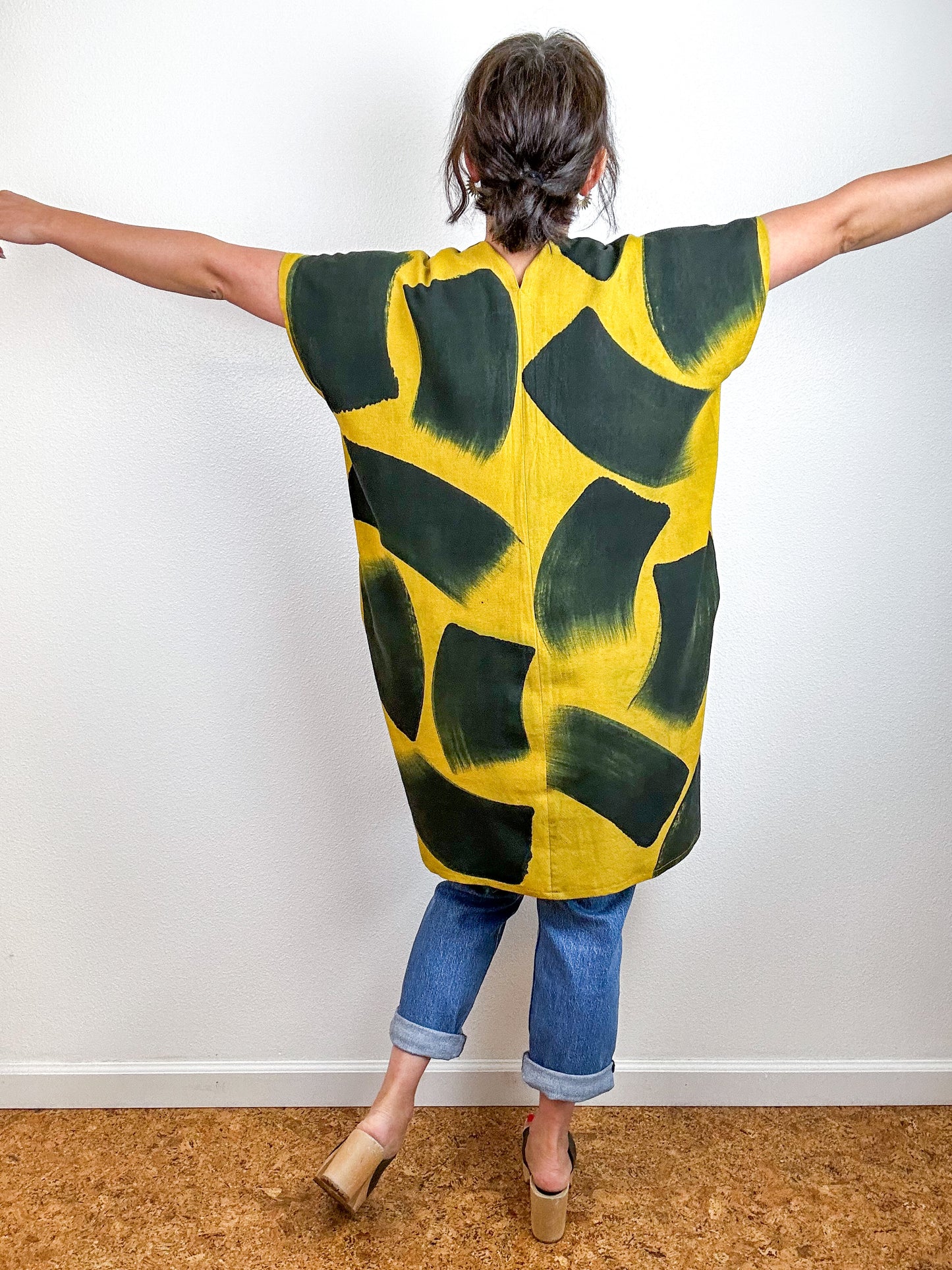 Hand-Dyed Mini Smock Dress Marigold Black Brush