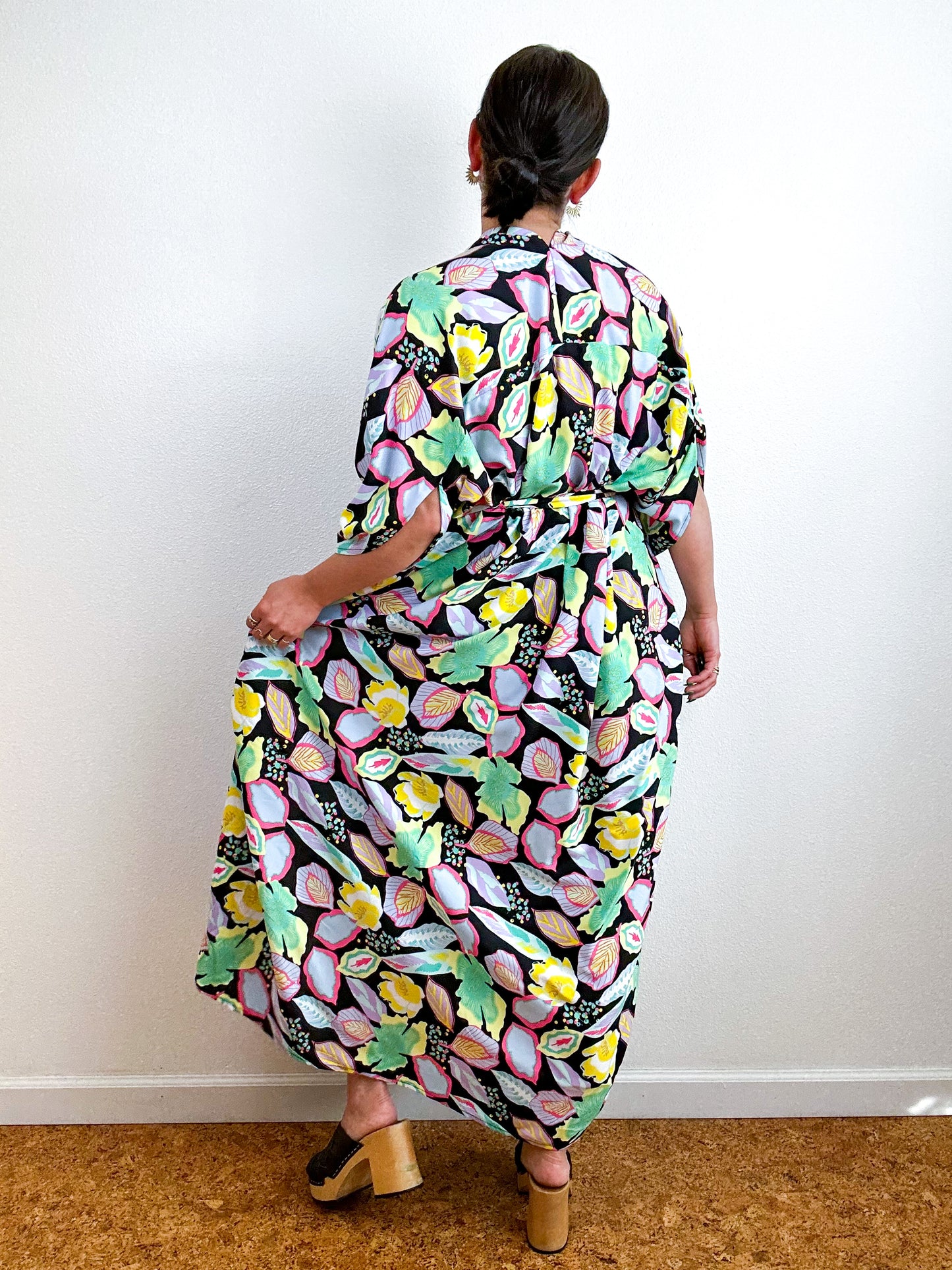 Print High Low Kimono Black Pastel Leaves Challis