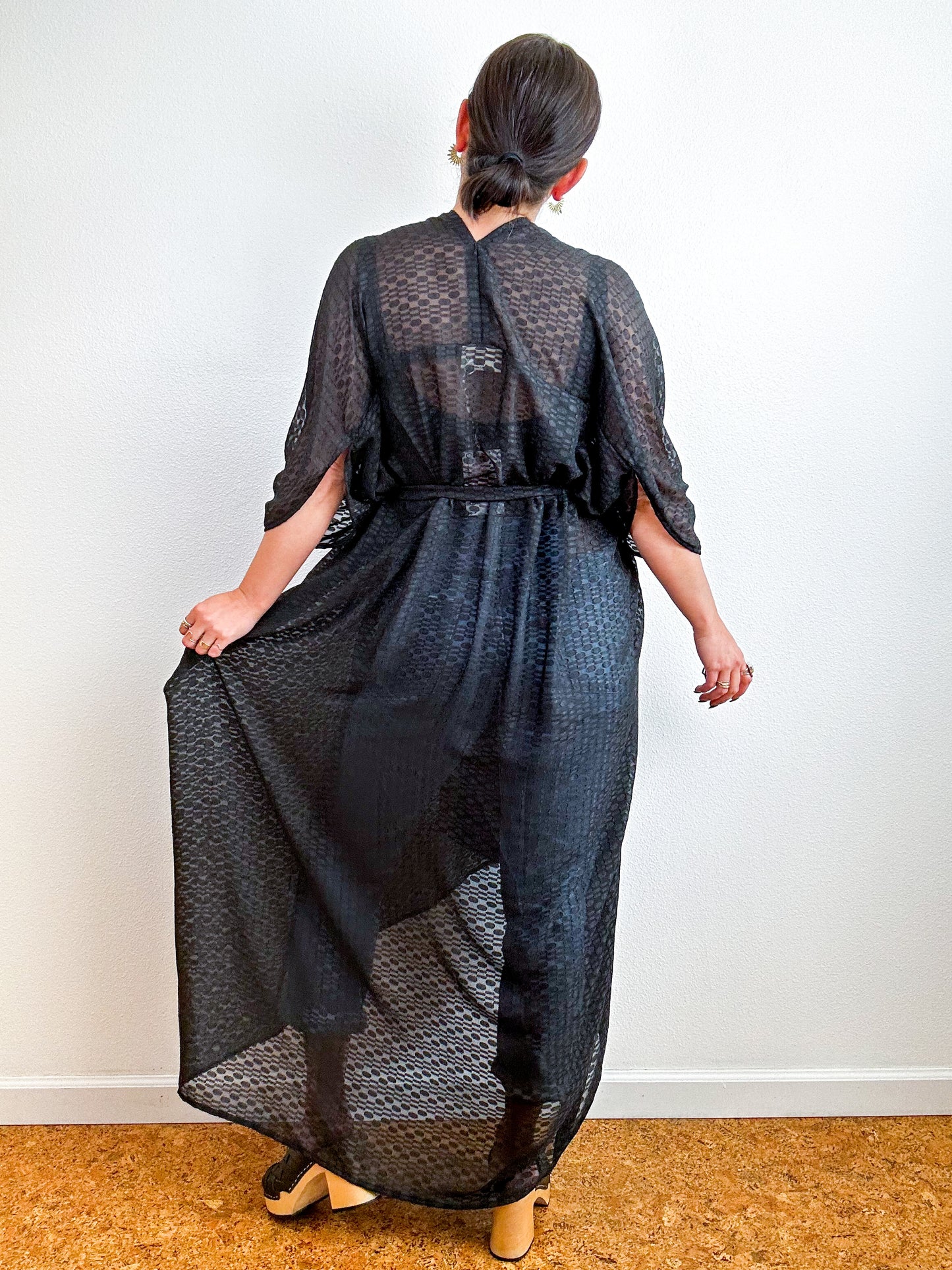 Solid High Low Kimono Black Ovals Chiffon