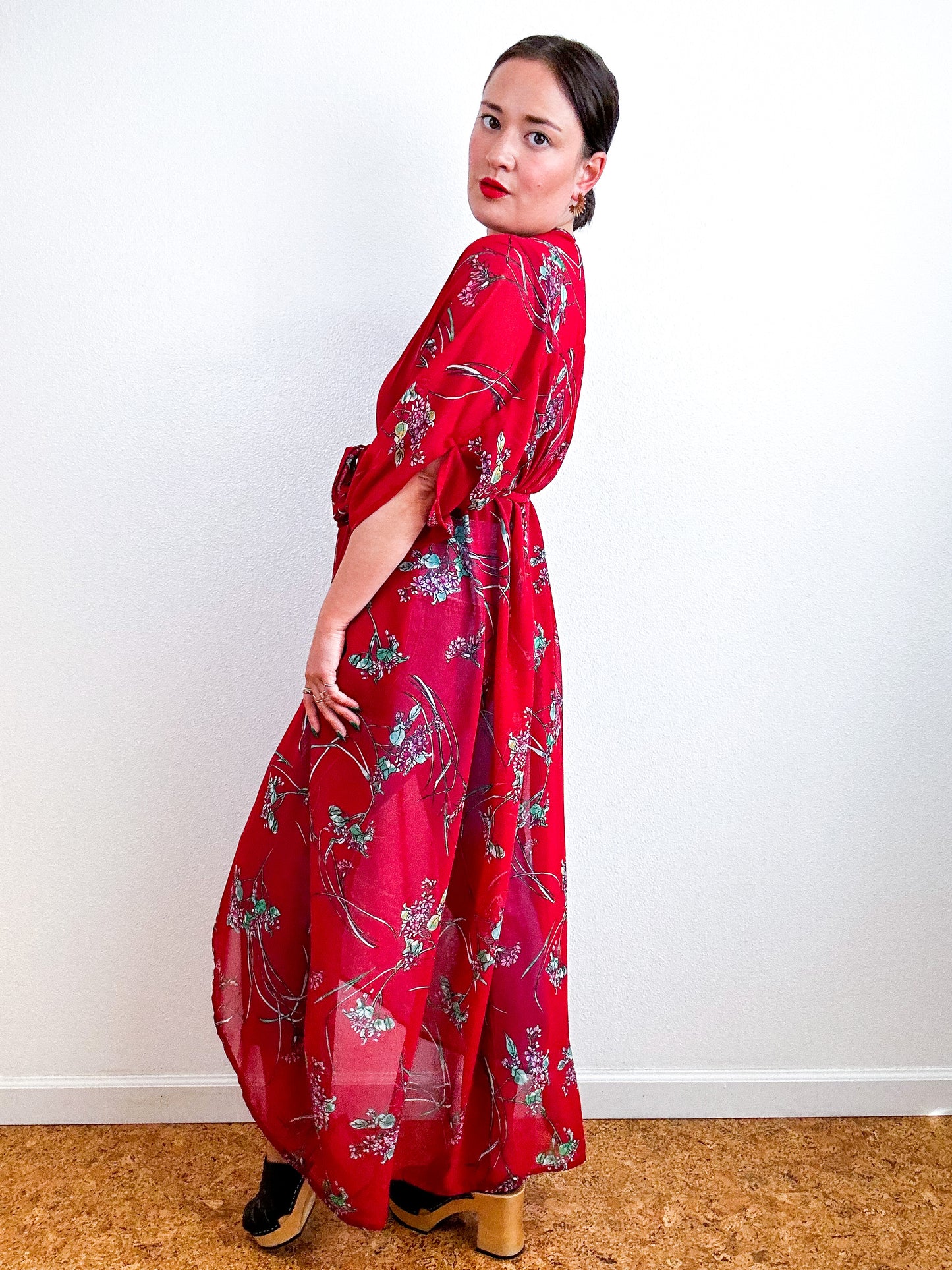Print High Low Kimono Crimson Floral Chiffon