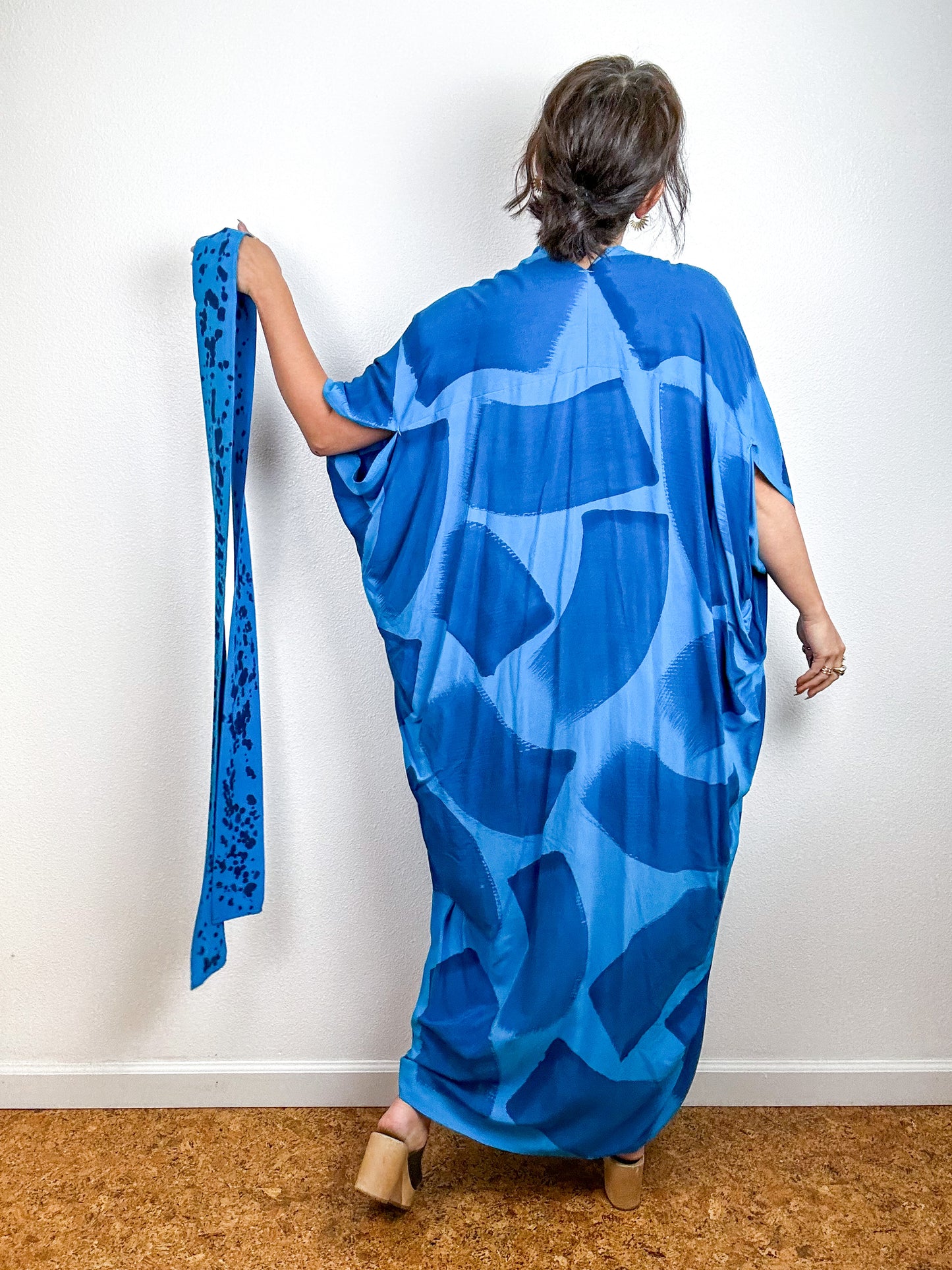 Hand-Dyed High Low Kimono Turquoise Royal Brush