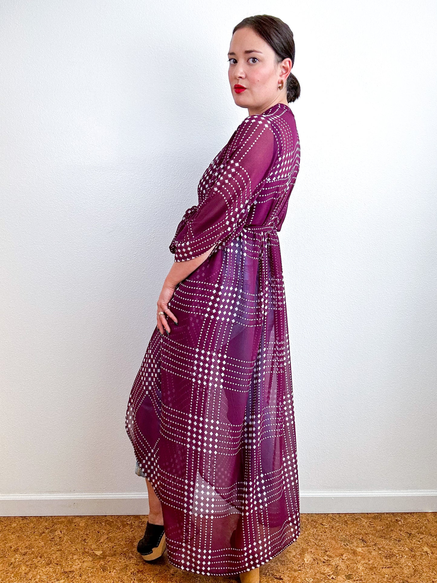 Print High Low Kimono Maroon Grid Chiffon