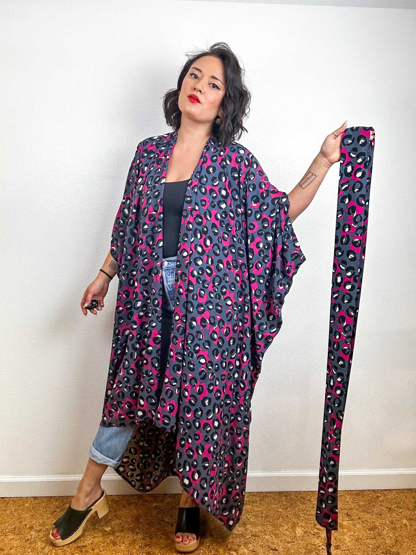 Print High Low Kimono Fuchsia Grey Leopard Challis