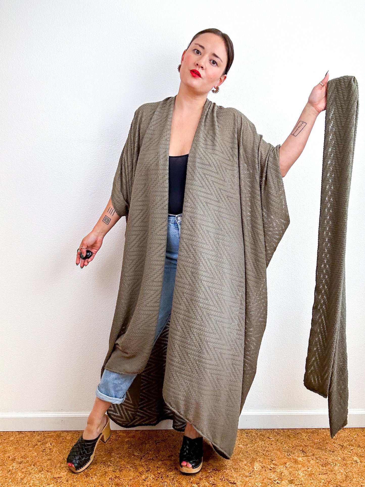 Solid High Low Kimono Olive Chevron Chiffon