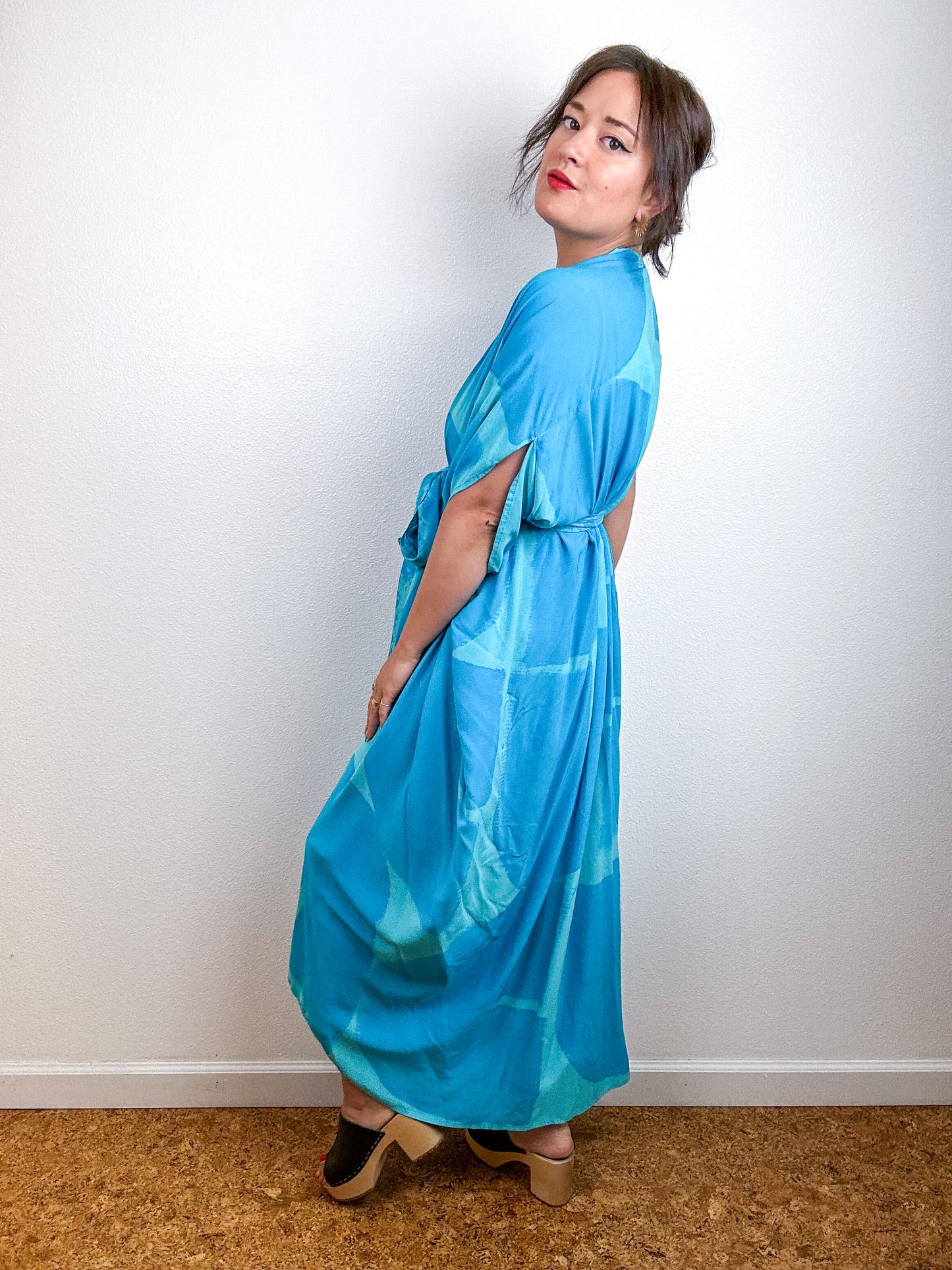 Hand-Dyed High Low Kimono Aqua Turquoise Arc