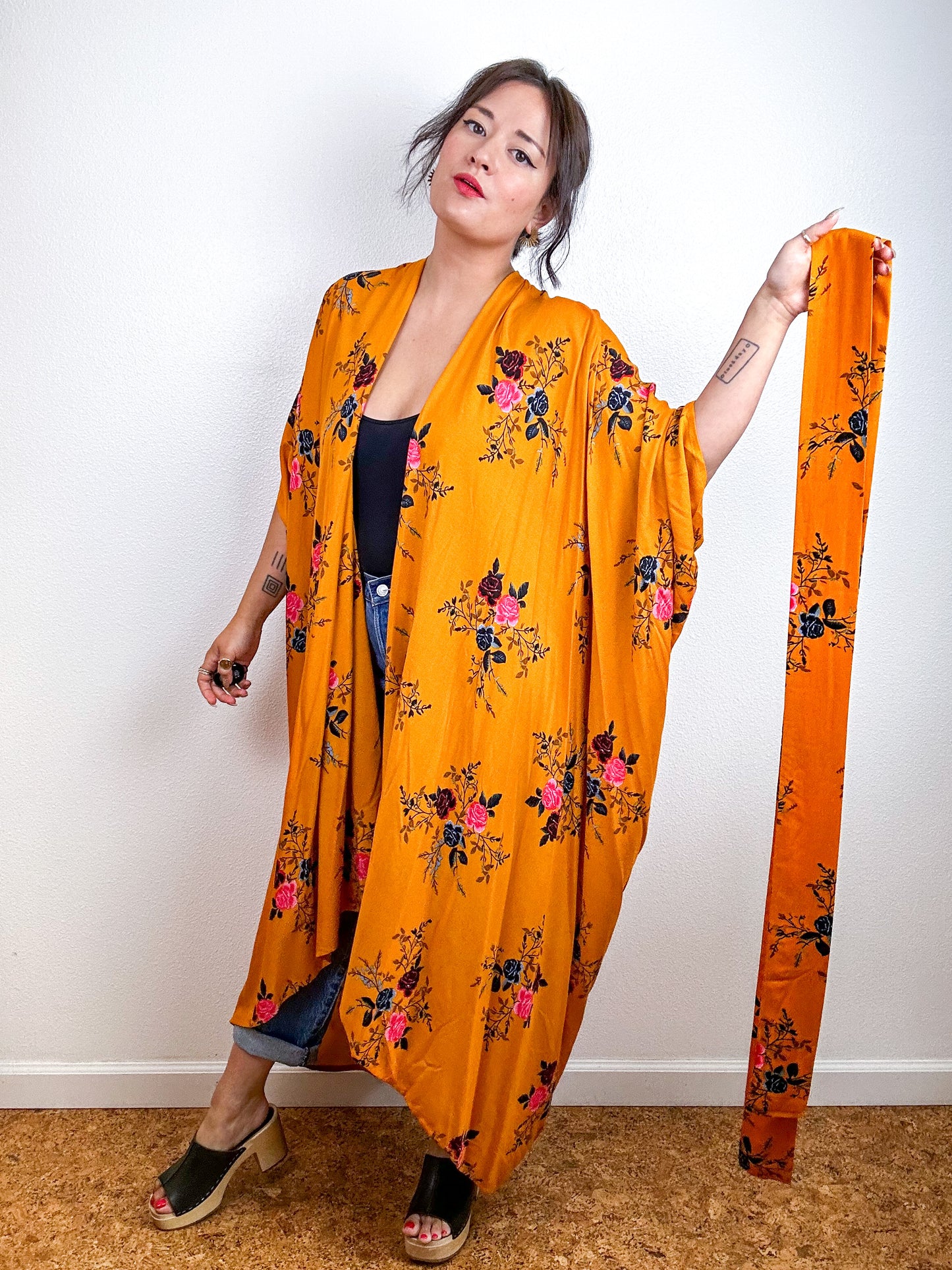 Print High Low Kimono Marigold Floral Challis
