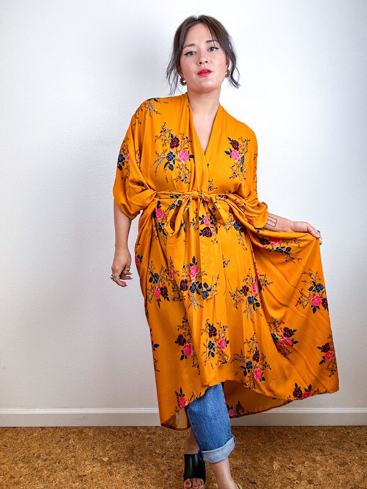 Print High Low Kimono Marigold Floral Challis