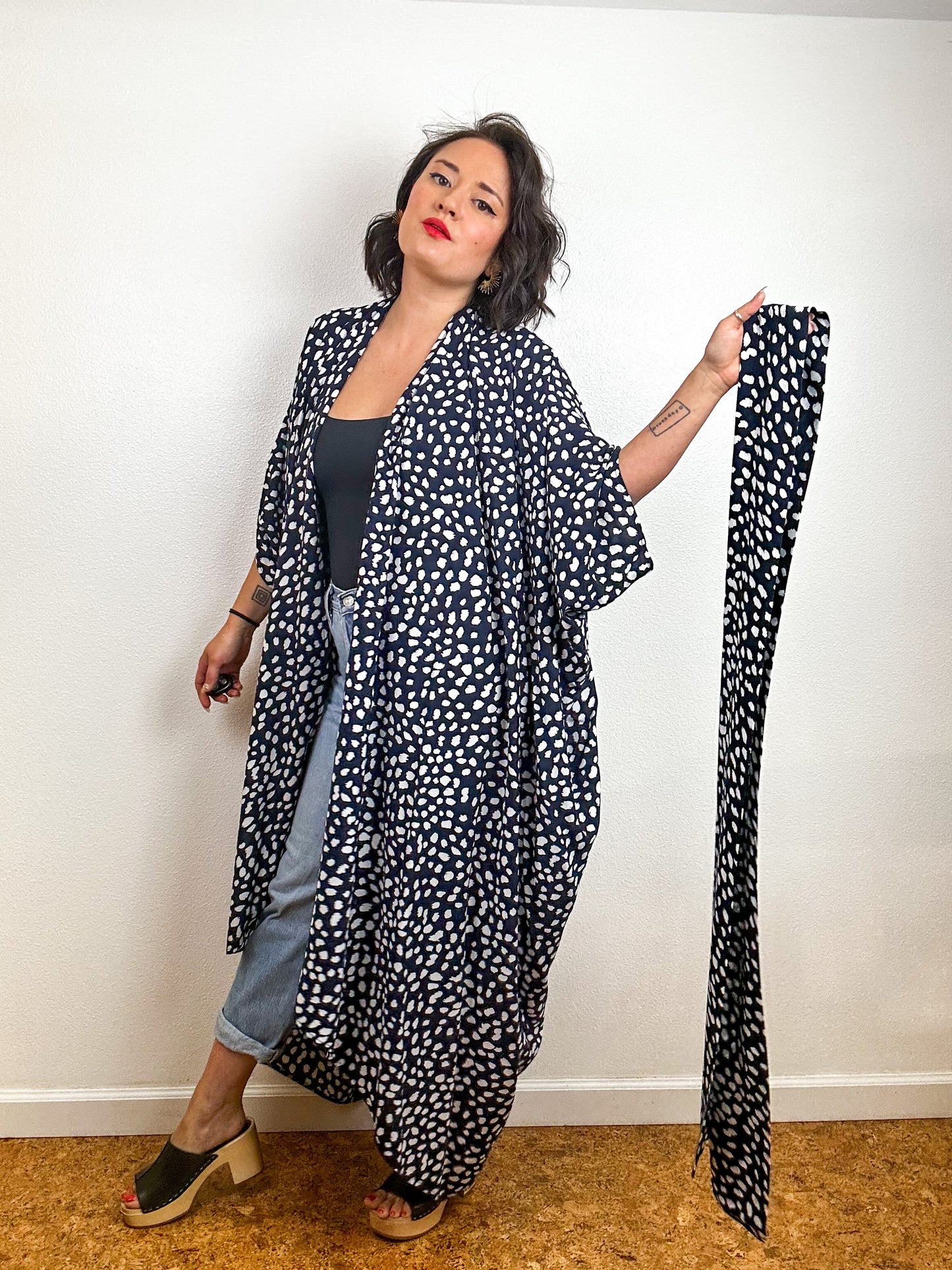 Print High Low Kimono Navy Speckle Challis