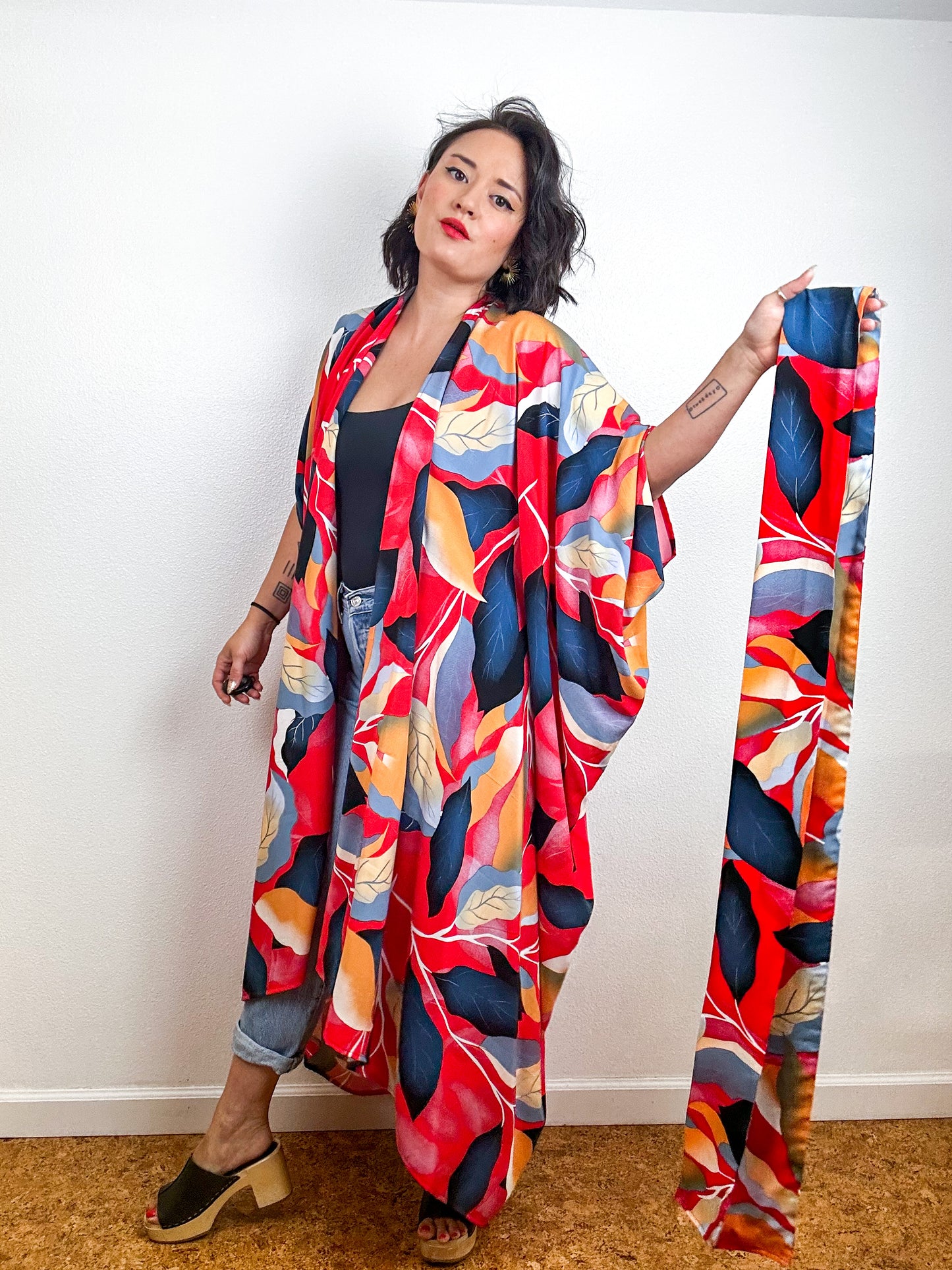 Print High Low Kimono Red Leaves Challis