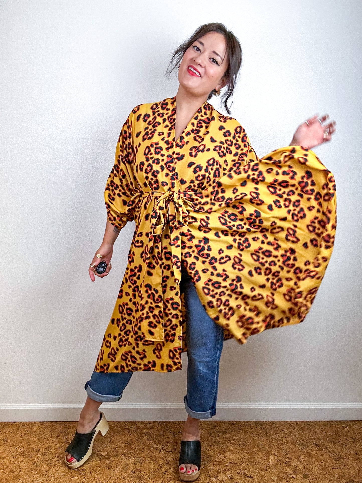 Print High Low Kimono Marigold Leopard Crepe de Chine