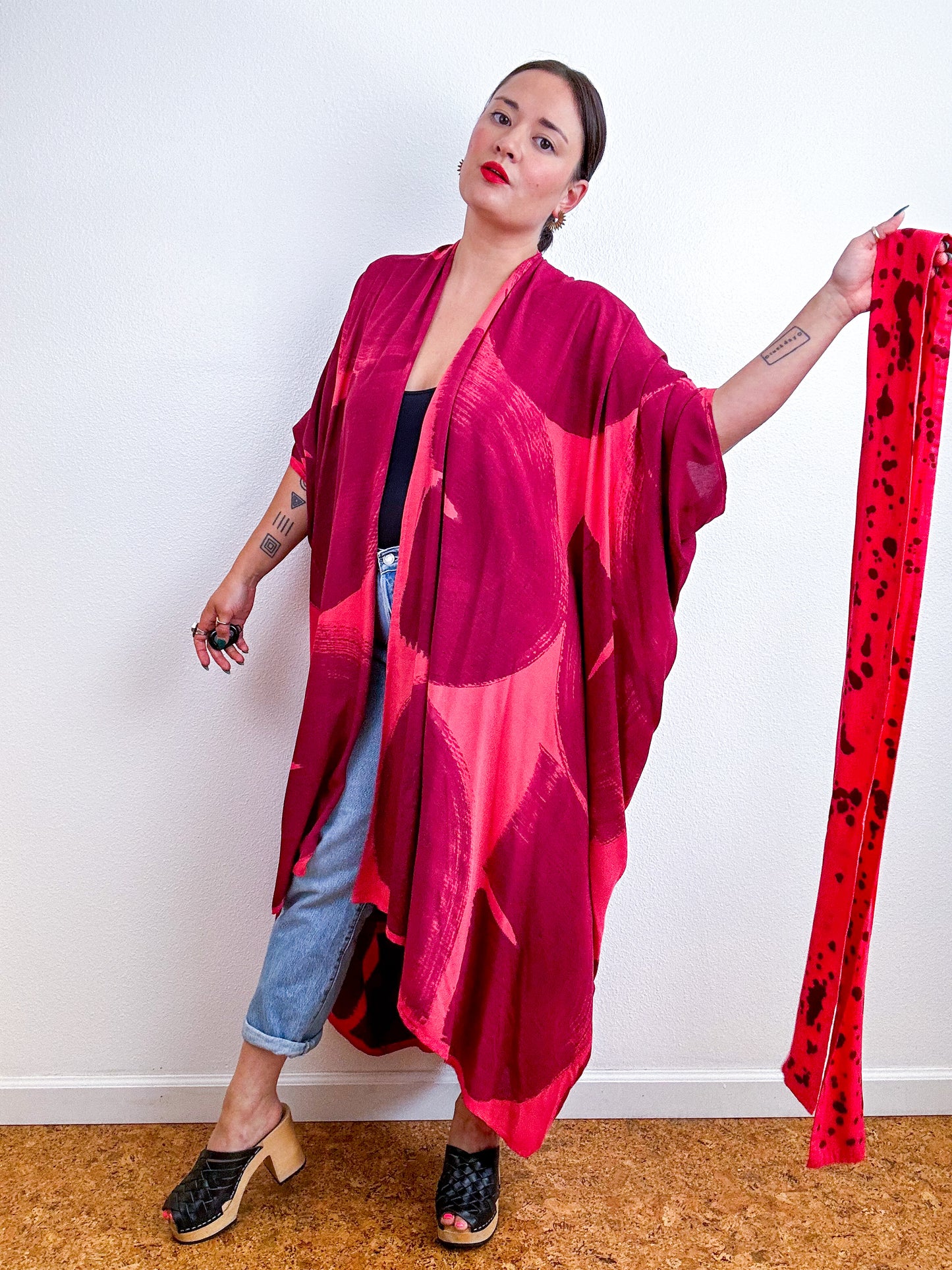 Hand-Dyed High Low Kimono Coral Maroon Arc
