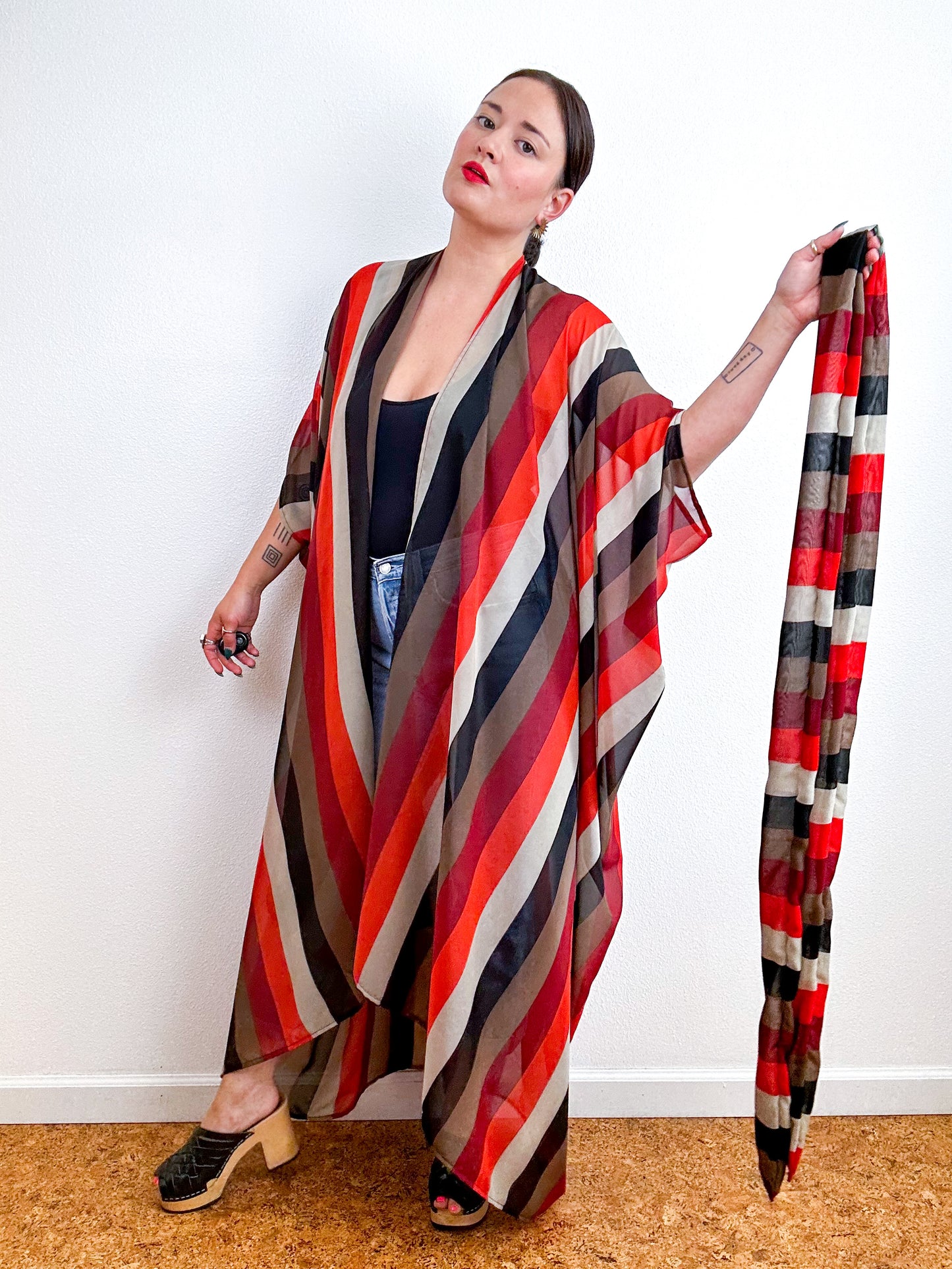 Print High Low Kimono Maroon Stripe Chiffon