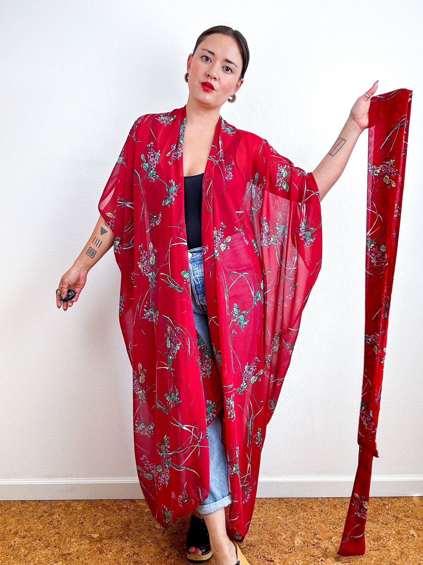 Print High Low Kimono Crimson Floral Chiffon
