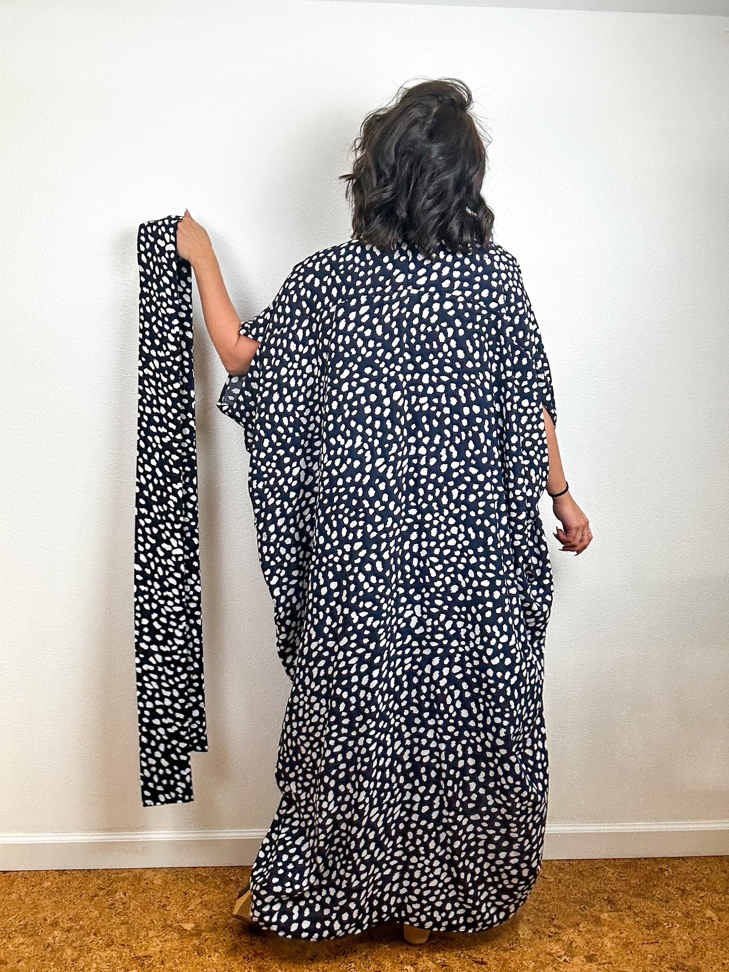 Print High Low Kimono Navy Speckle Challis