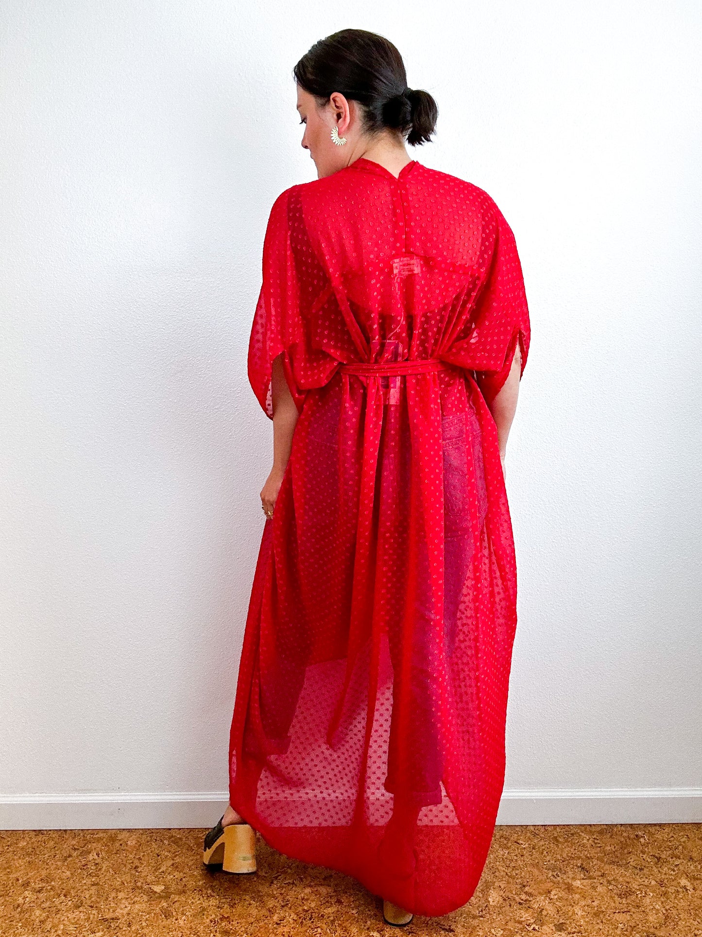 Solid High Low Kimono Red Swiss Dot Chiffon