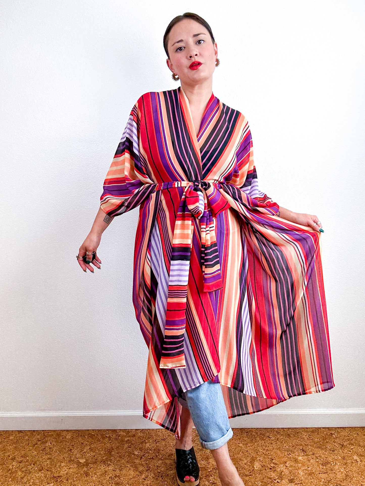 Print High Low Kimono Red Lavender Stripe Chiffon