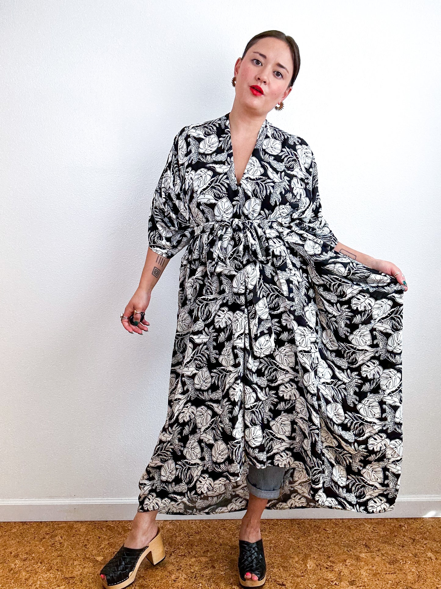 Print High Low Kimono Black White Cheetah Leaves Challis