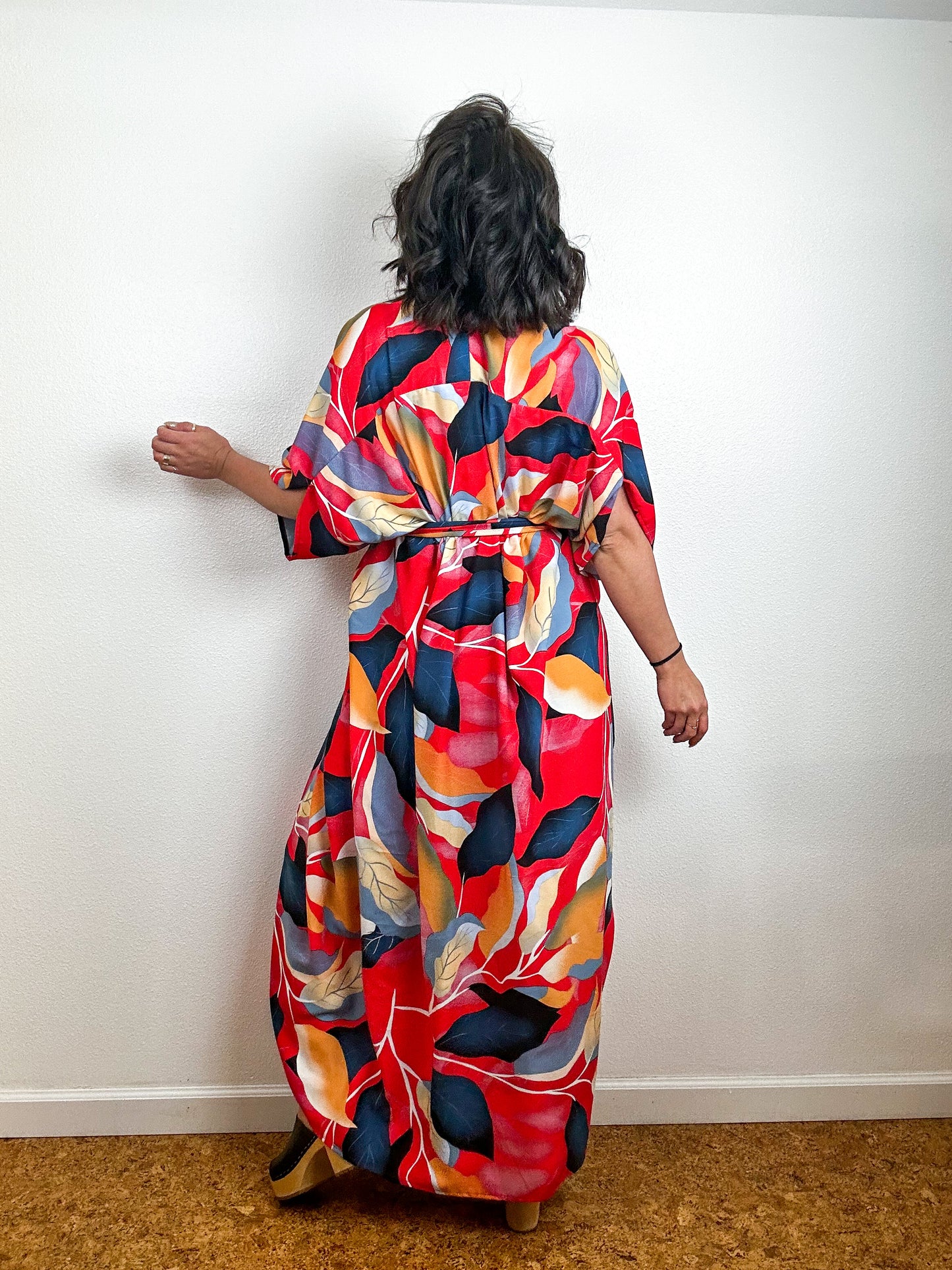 Print High Low Kimono Red Leaves Challis