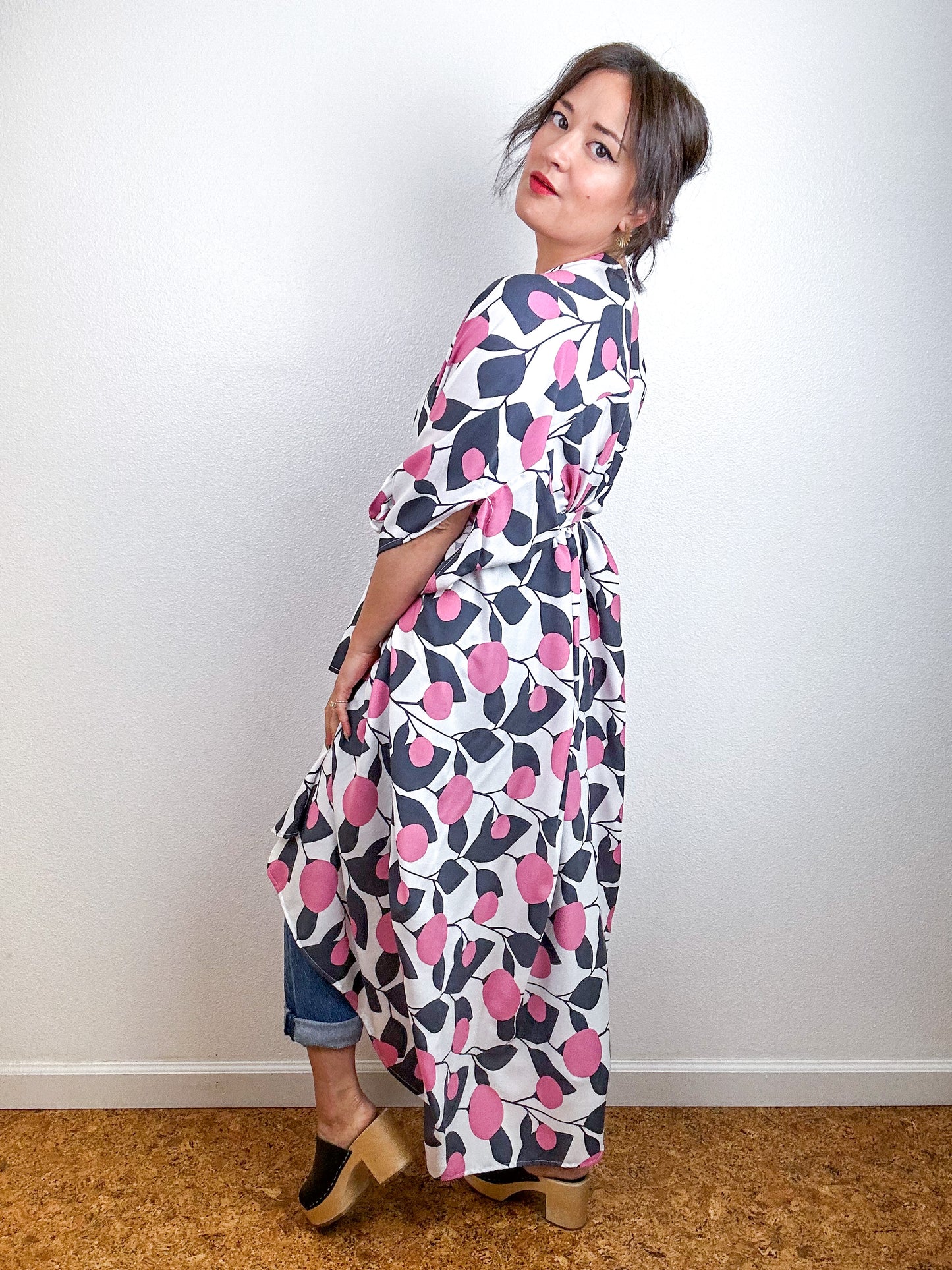 Print High Low Kimono White Pink Grey Mod Floral Challis