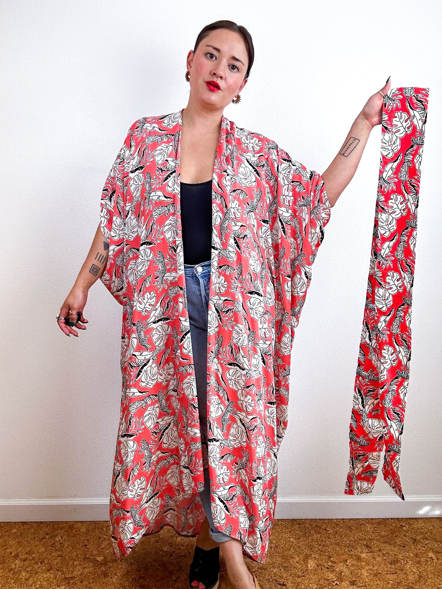 Print High Low Kimono Coral Cheetah Leaves Challis