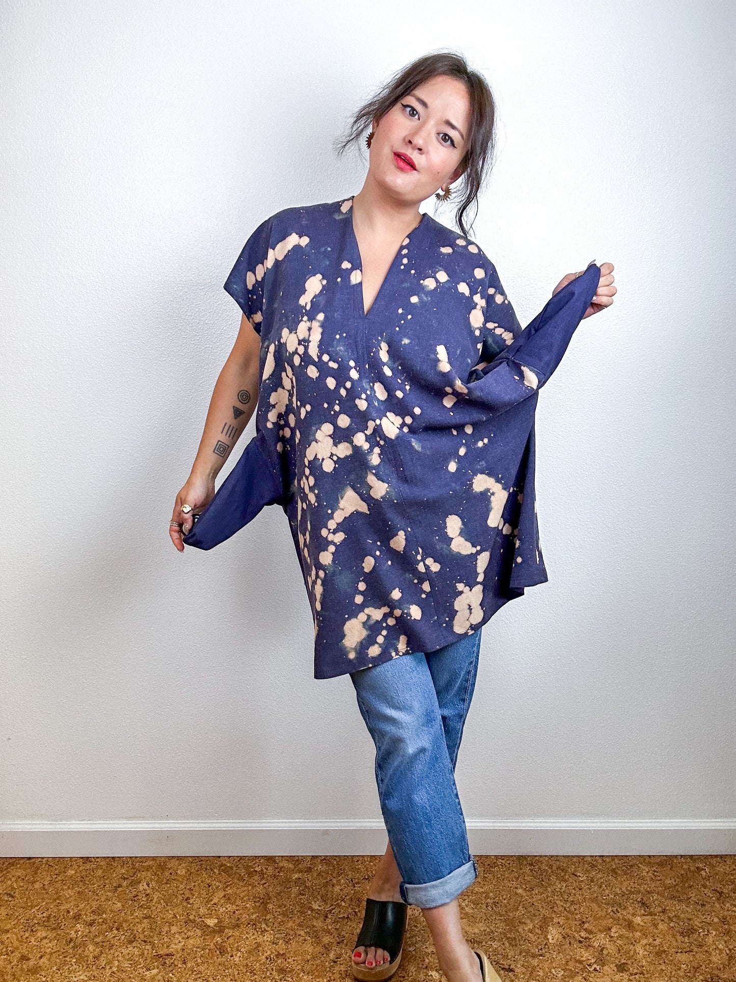 Hand-Dyed Mini Smock Dress Navy Bleach Speckle