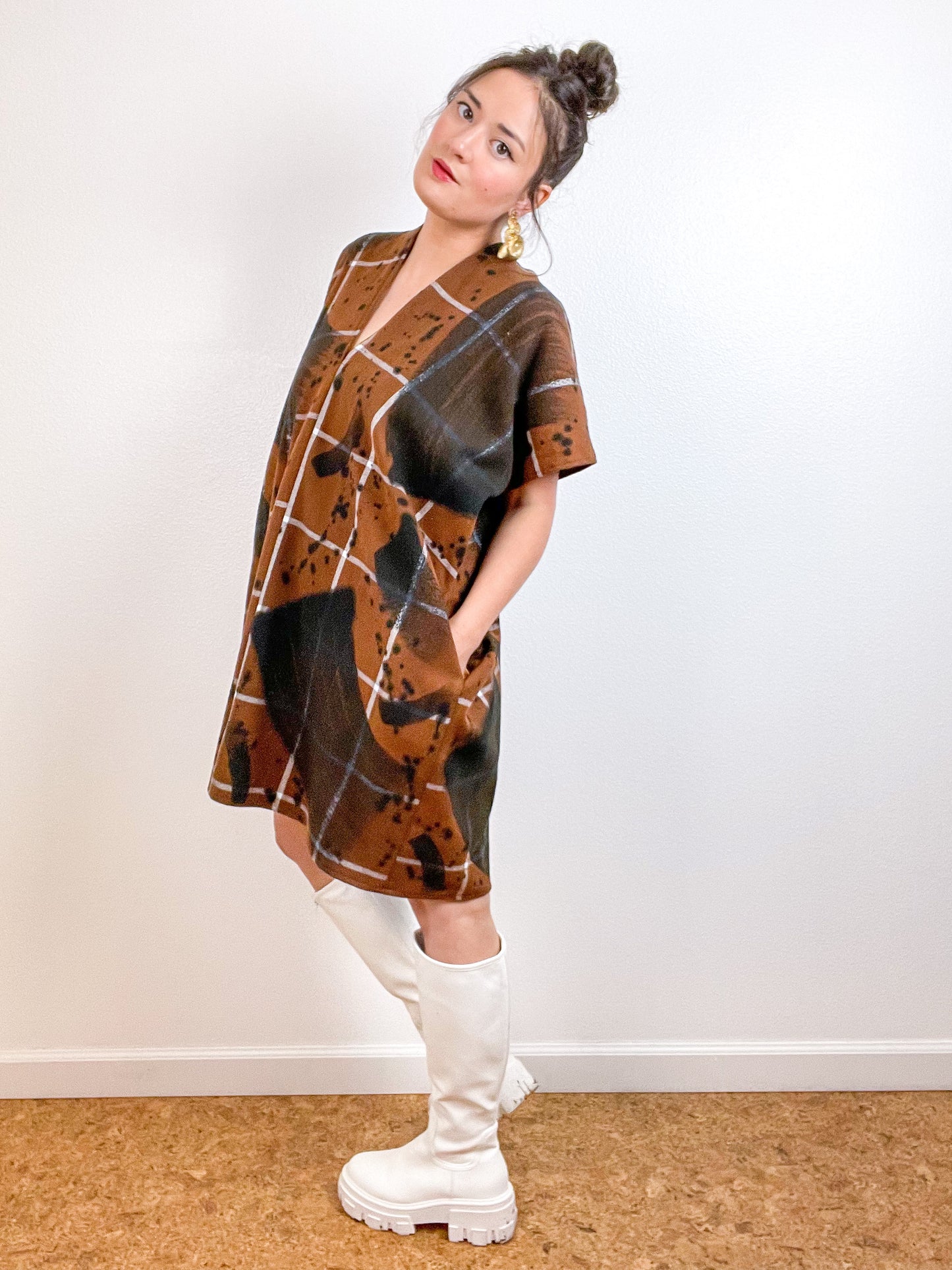 Disrupted Plaid Flannel Smock Dress Brown Brushstrokes
