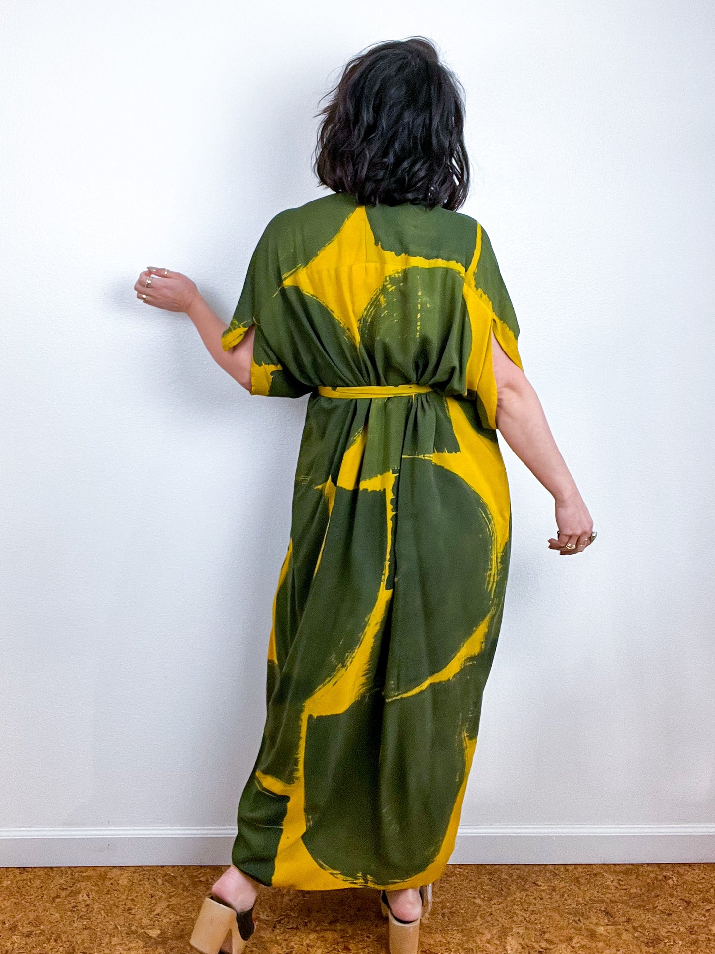 Hand-Dyed High Low Kimono Marigold Olive Brushstroke