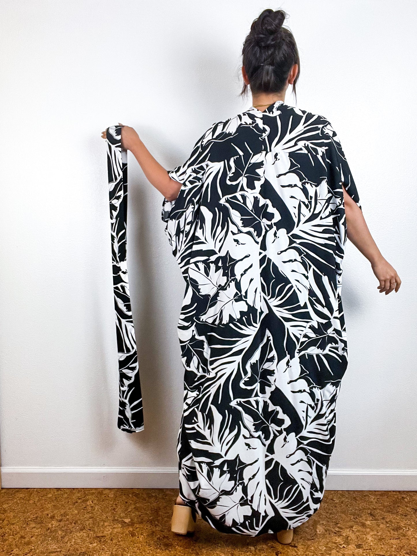 High Low Kimono Black White Large Leaves Challis