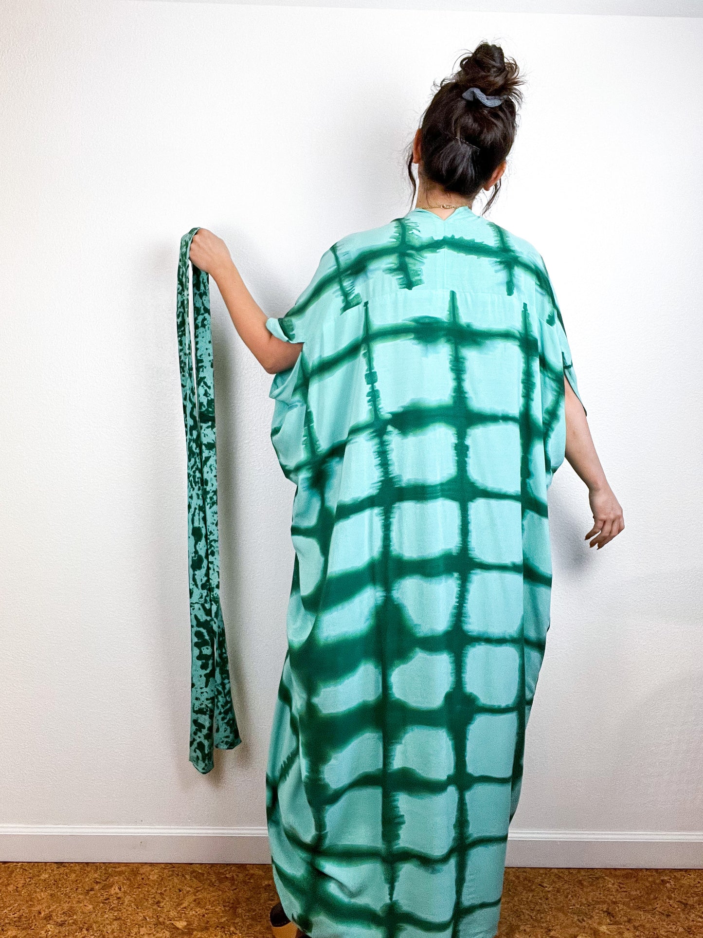 Hand-Dyed High Low Kimono Aqua Forest Windowpane