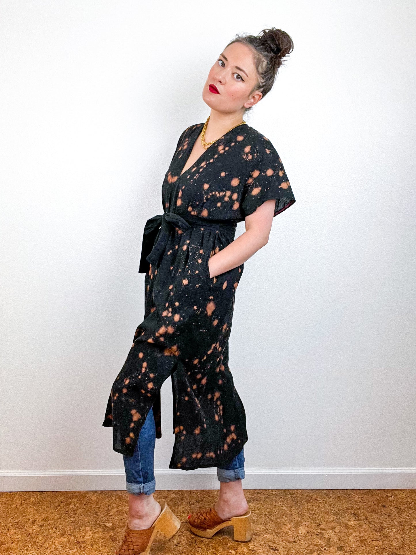 Single Gauze Midi Caftan Dress Black Rust Speckle