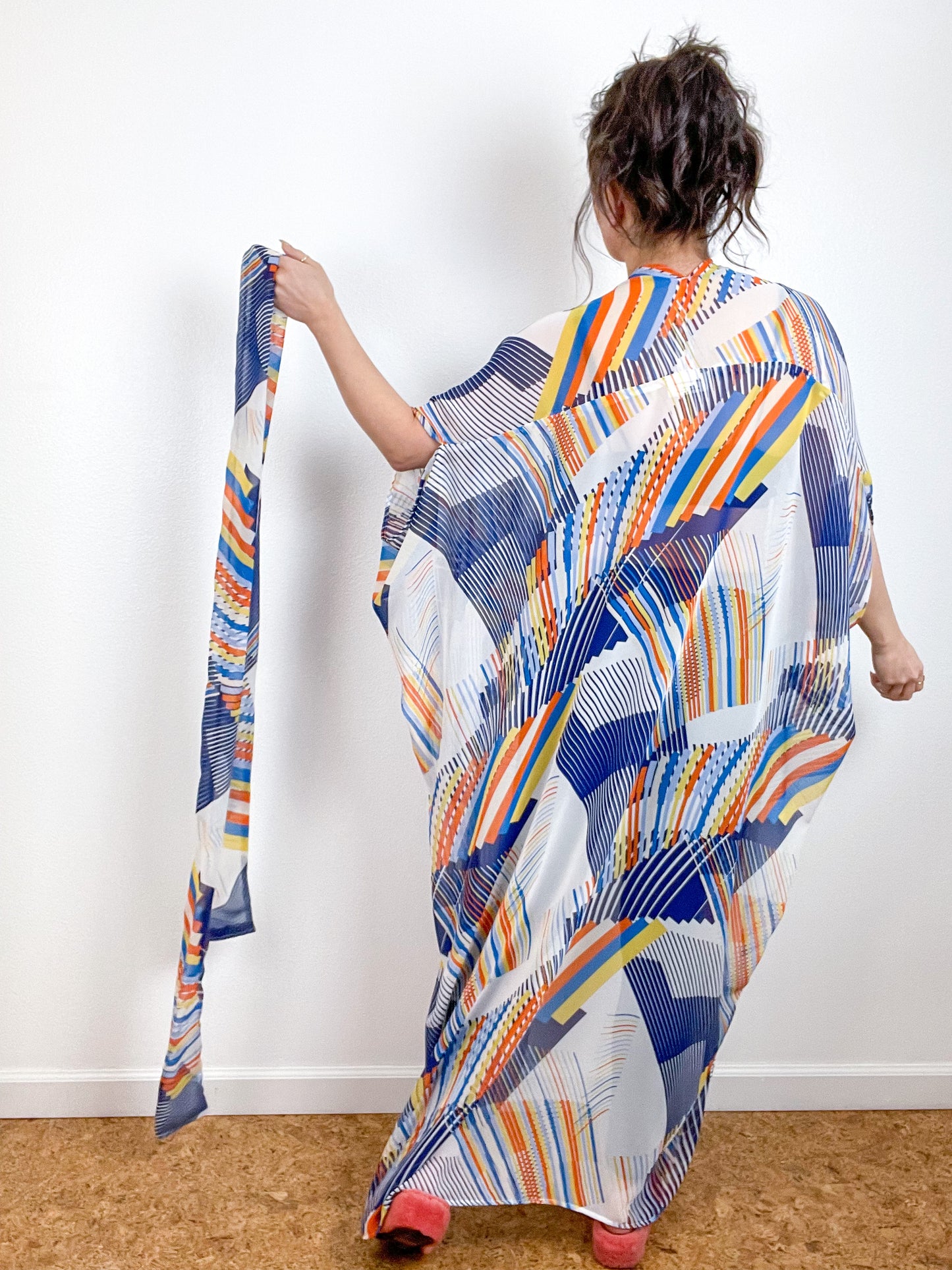 Print High Low Kimono Blue Orange Diagonals Chiffon